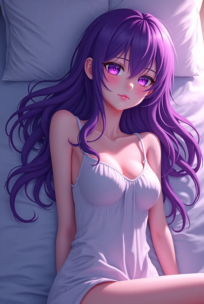 create an adult woman with deep reddish-purple hair, matching iris color, in a ponytail. She should be lying on a bed in a bridal nightgown, looking up at the viewer with a surrendered and sad expression. Utilize a unique and colorful art-style to convey both the beauty and the vulnerability of the character in this vulnerable moment