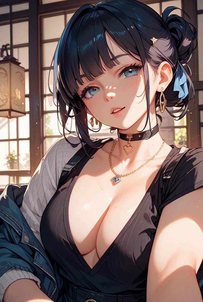 1womanl,Dark blue clothes,tmasterpiece,Close-up shot,looks into camera,Be red in the face,ssmile, detailed finger, beautiful hand, 1womanl, brunette color hair: 1.1, Super detailed face, Detailed lips, Detailed eyes, 二重まぶた,full body1:1,little breast,Dark clothes