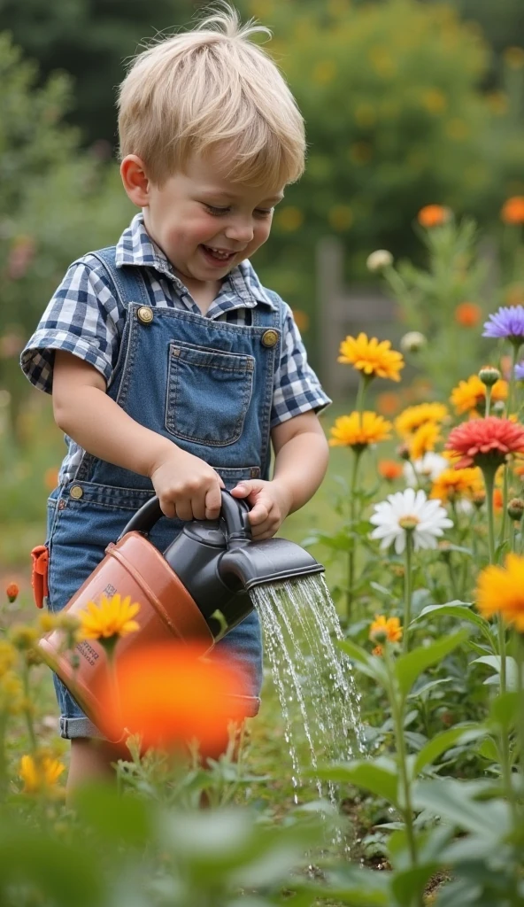  2 year old with curly red hair watering plants, fun trend