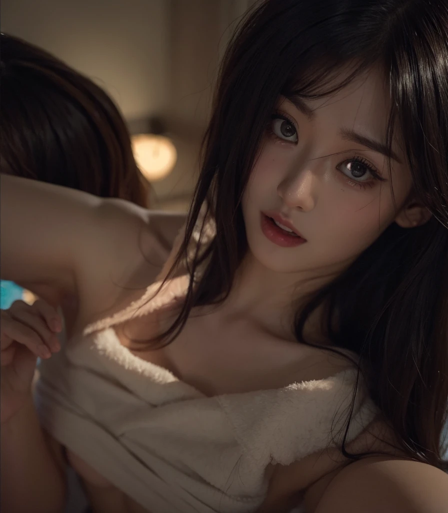 highest quality, RAW Photos, Realistic, face, Incredibly beautiful girl, cute, Long Hair,ponytail,Written boundary depth, High resolution, Super detailed, detailed, Very detaileded, extremely detaileded eye and face, Sharp pupils, Realistic students, Sharp focus, Cinema Lighting, flat breasts, small breasts, small,( small bust: 1.2), small bust, (slim, small, flat, small), thin, Delicate and sexy collarbone, (White shirt:1.2), (Lifting ワイシャツ to show off a small white bra:1.5))),((Whole Body Ezbian)),