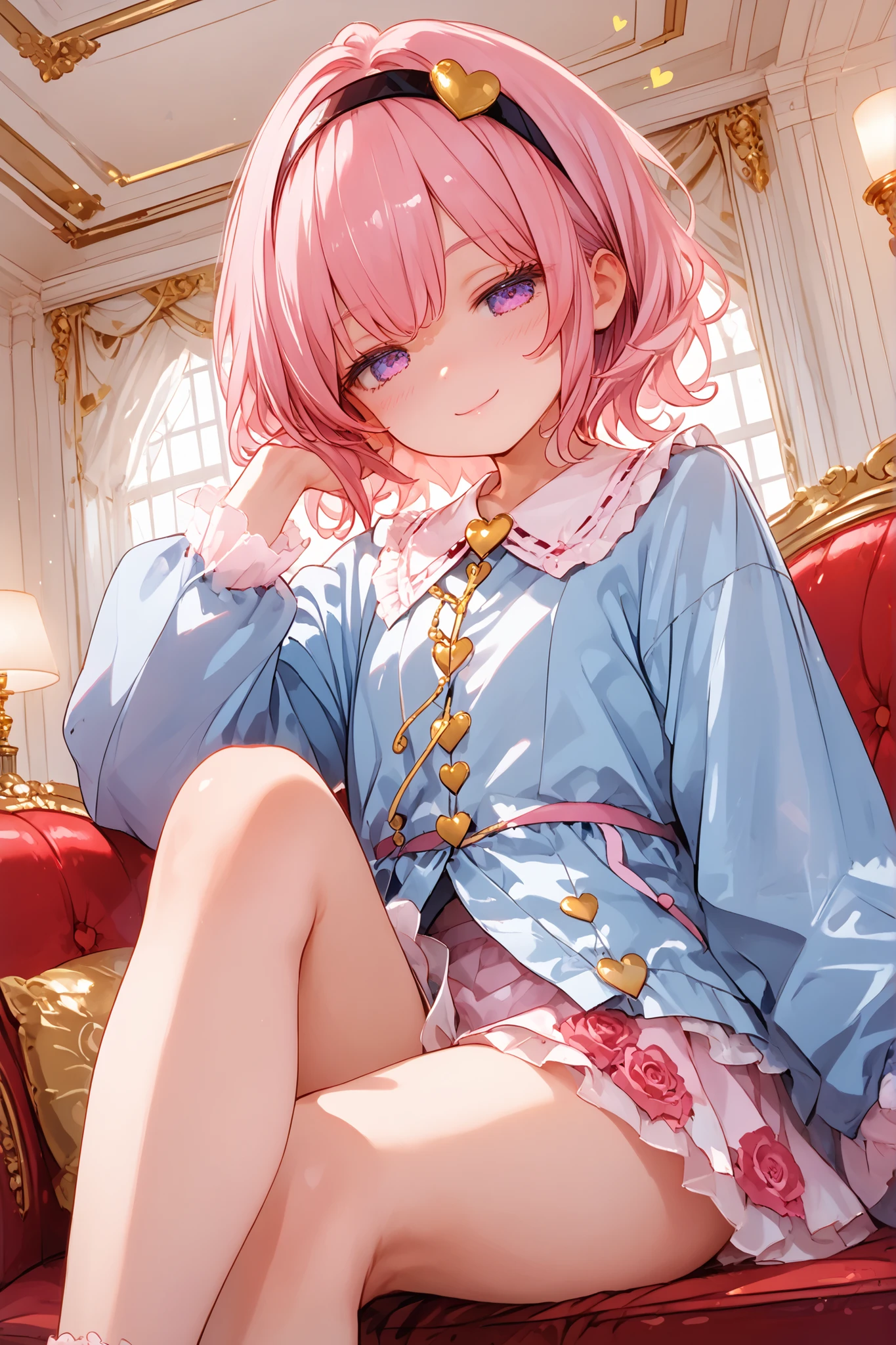 name: Komeiji Satori/toho project
Race and Gender: Human, female
Age : 20 years old,
Physical Characteristics: Small stature,Slender body shape,child's build,
Main color: pink
Sub color: light blue
Illustration style: 1 picture style and elegant atmosphere
Hairstyle and hair color: medium hair pink hair
Clothes: sexy light blue jacket,sexy pink miniskirt ,
Accessory 1: black headband
Accessory 2: yellow heart accessory
Expression: half-closed eyes, jitome,A lustful look,
Posing: raise one leg,Sitting Sexy,pick up a skirt,
Angle: look up from below,sexy angle,
situations: Gorgeous rose,(sexy and cute style:1.5),Luxurious room,Luxurious sofas,