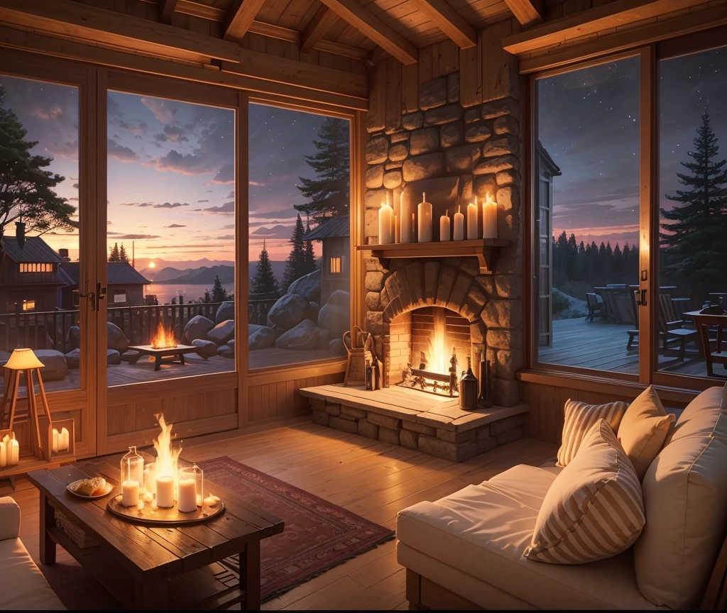 Cartoon background of wooden house living room, This night outside](Comfortable atmosphere), (Soft lighting), Bright stone fireplace fire, This is the best night,  glass window