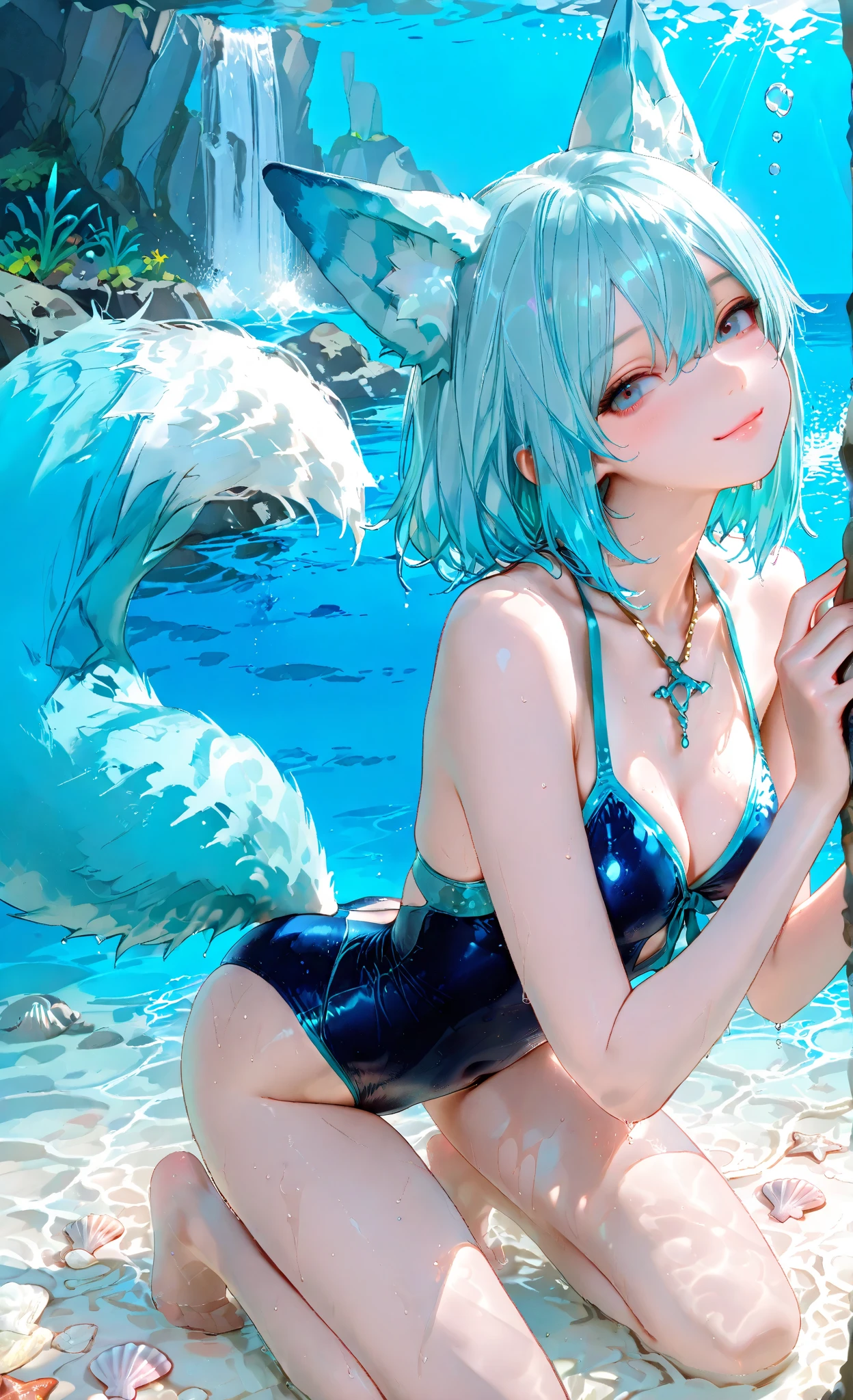masterpiece,highres, shorts,1girl, 53 years old, milf, teal and green hair, messy hair, asymmetrical hair, ahoge, very short hair, aqua eyes, medium breasts, pale skin, glasses, ball, tail,animal_ears, swimsuit, short_shorts, striped, bikini, fox_ears, solo, fox_tail, striped_bikini