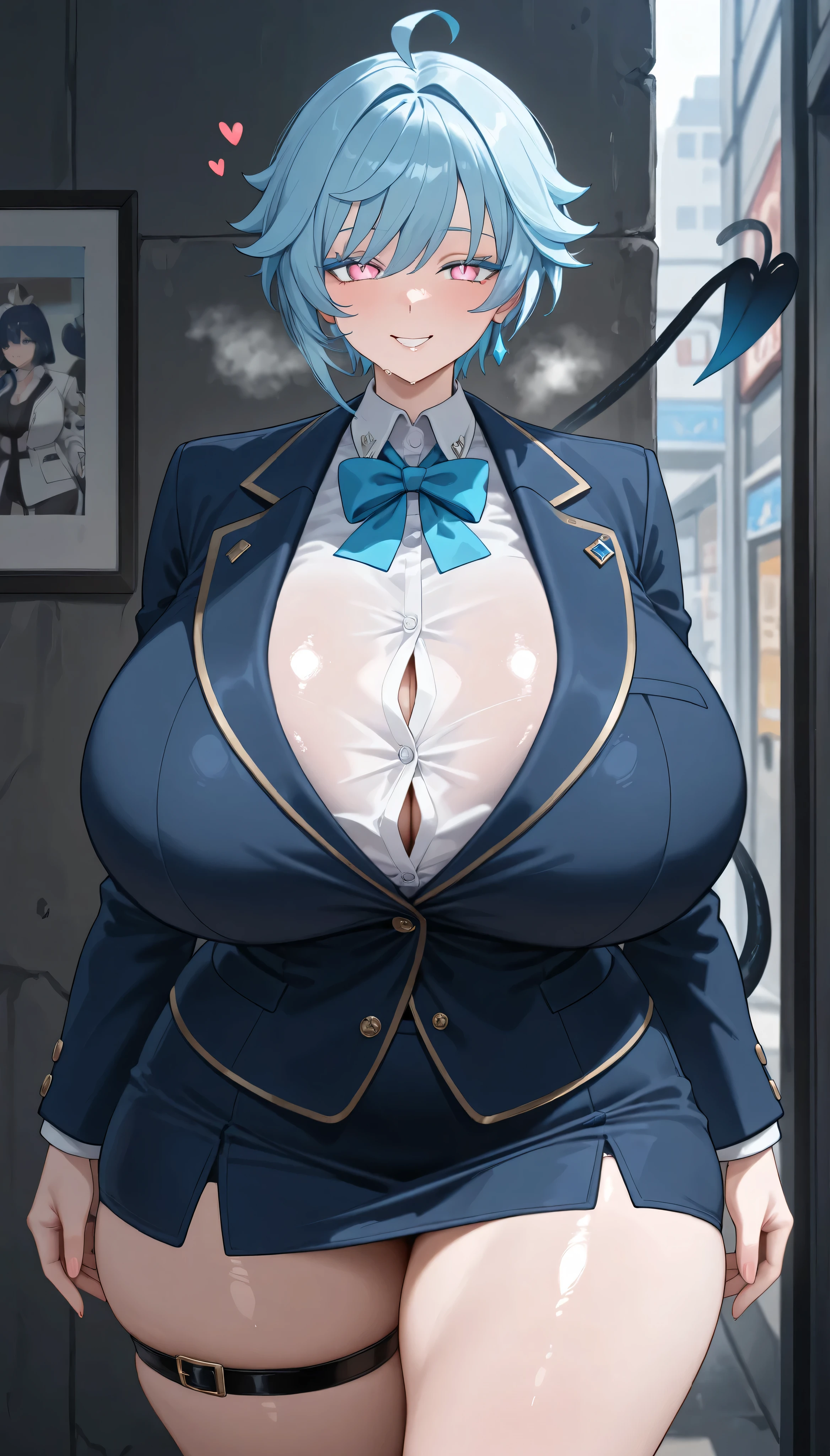alone、((Huge breasts))、White Hair、Very short hair、blue eyes、Tight waist、student、blazer、slacks、tie、expensive、Red cheeks、Perm、A confident smile