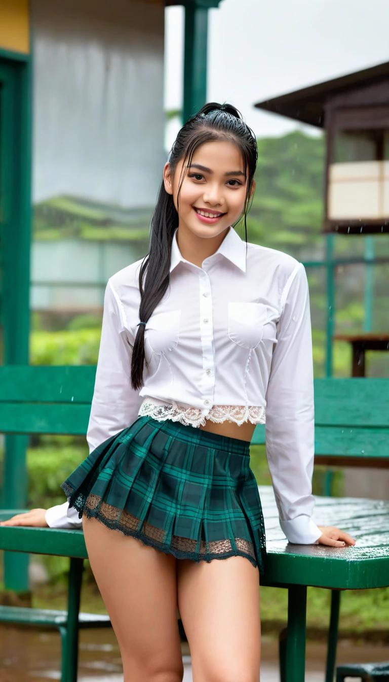 (realistic, perfect, photograph), a 20 years old Assamese girl wearing skirts showing thigh and ????? , turn front side, free hand show, little smile