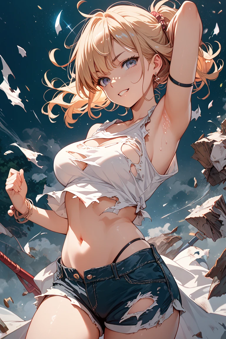 masterpiece, middle ages, battlefield, rubble, Devastation, blonde, aqua eye, ((((((hair over one eye)))))), side Braid, blunt bangs, bob hair, Ahoge, ((((nude)))), 1boy, open mouth, spread legs, front, front, arms behind head, (((Small breasts))), (((glaring))), fang, ((smile)), ((scared)), grin, Smirking eyes