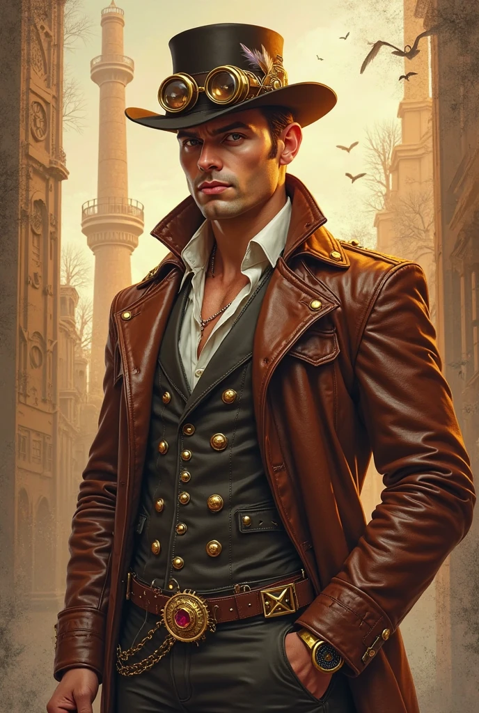 Masterpiece, realistic Handsome Gentleman steampunk, hipster ellegant cute beard man, front camera pose, full portrait, middle age, smiiling, ellegant leather suit, Steampunk Mad Hatter man, digital art 8k, sinful tattooed man,machine background industrial, retro futuristic, punk, machine, retro, gear steam, futuristic goggles, fantastic face, beautiful look, detailed hair, ultra focus, face illuminated, face detailed, 8k resolution, watercolor, razumov style. art by Razumov and Volegov, hyperrealism painting concept art of detailed character, 8k resolution blade runner