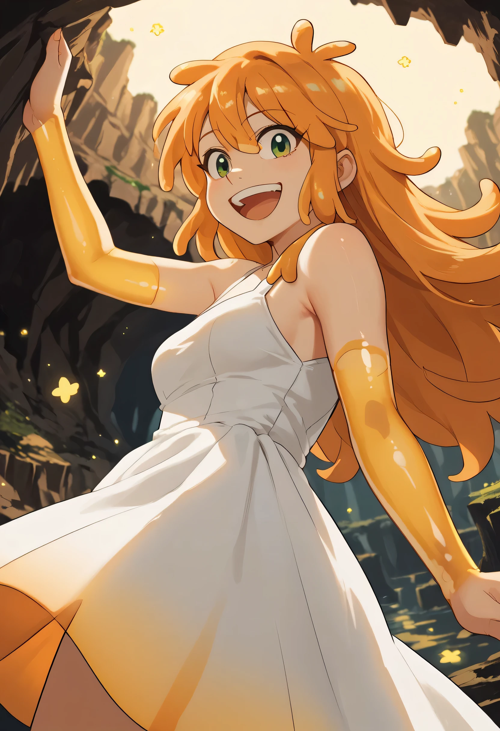 woman, anime style, white skin, green eyes, orange hair, focus on the character, cave, yellow slime, open arms, happy, long hair, smile, side view, bottom view, white dress, Rimuru Tempest, yellow Slime, solo, Monster girl