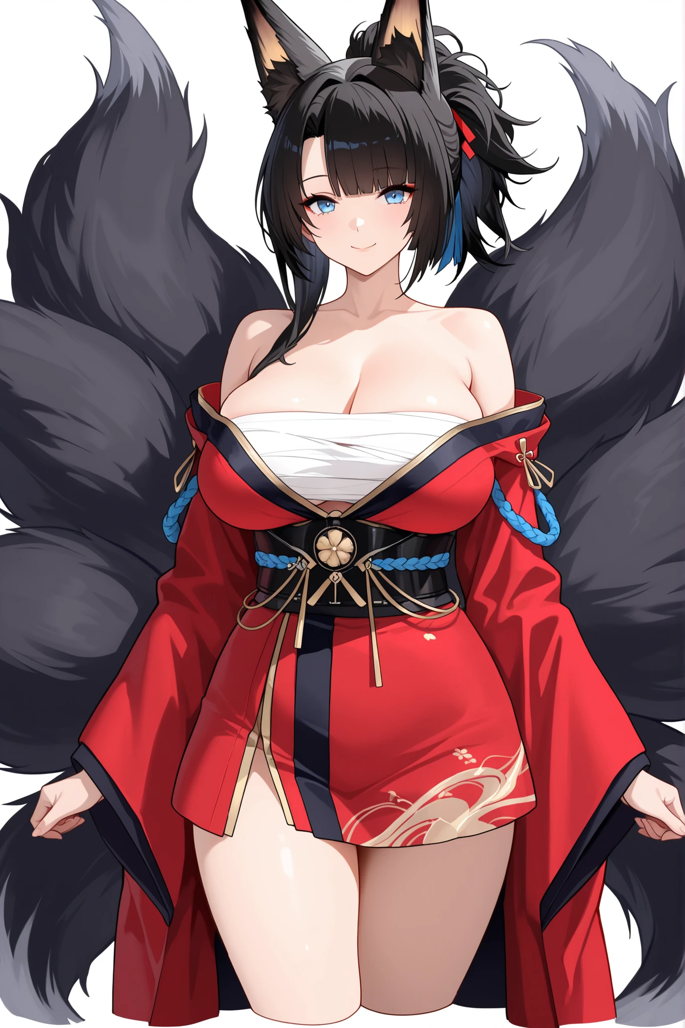 Beautiful black Kitsune, red eyes, highly detailed face, highly detailed eyes, big breasts, sexy figure, mature woman, several black kitsune tails, soft long Black Kitsune ears, Wearing red and black open shoulders kimono, wide waist