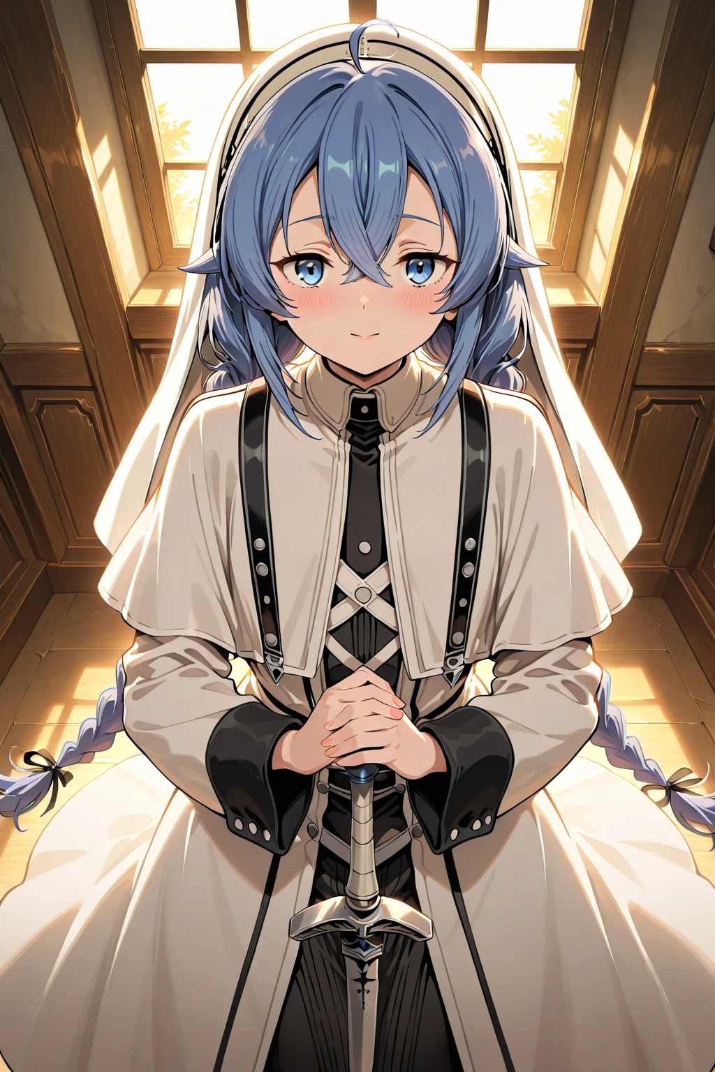 masterpiece, best quality, 1girl,
char_walpurgis_no_kaiten_sayaka_lora,looking at viewer, 
(miki sayaka:1.2),
short hair, blue eyes, hair ornament, bow, blue hair, hair bow, hairclip, white bow, musical note hair ornament,
one eye covered, breastplate, blue gloves, covered mouth, white cape, fortissimo, bandaged head
white skirt, white thighhighs, from below, expressionless,