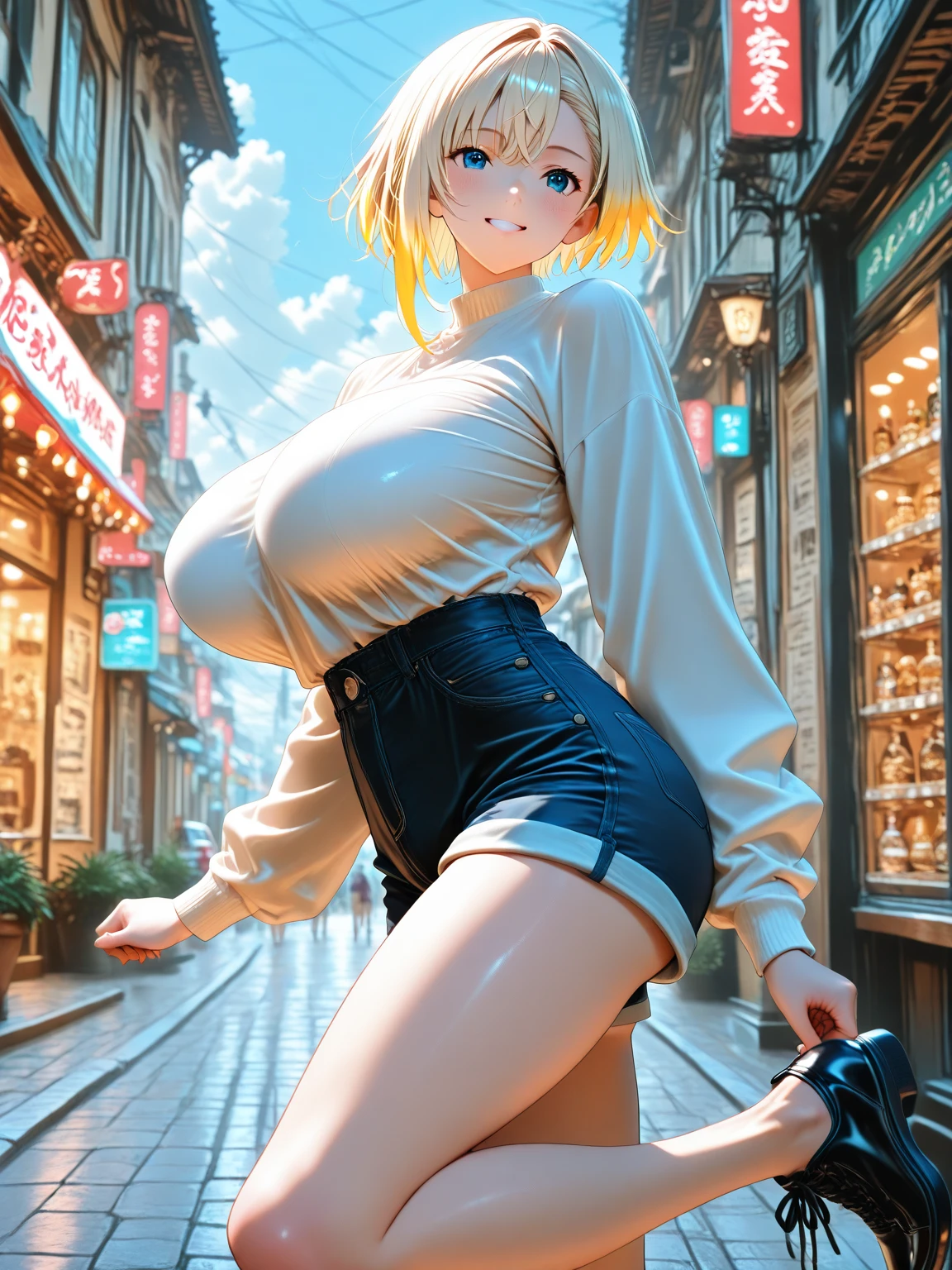 anime、Moe、Adult female、Big Breasts、Very large breasts、Short Hair、Blonde、White underwear、Sexy Underwear、Sexy pose、Blue Eyes、Beautiful Eyes、In town、Shopping Street