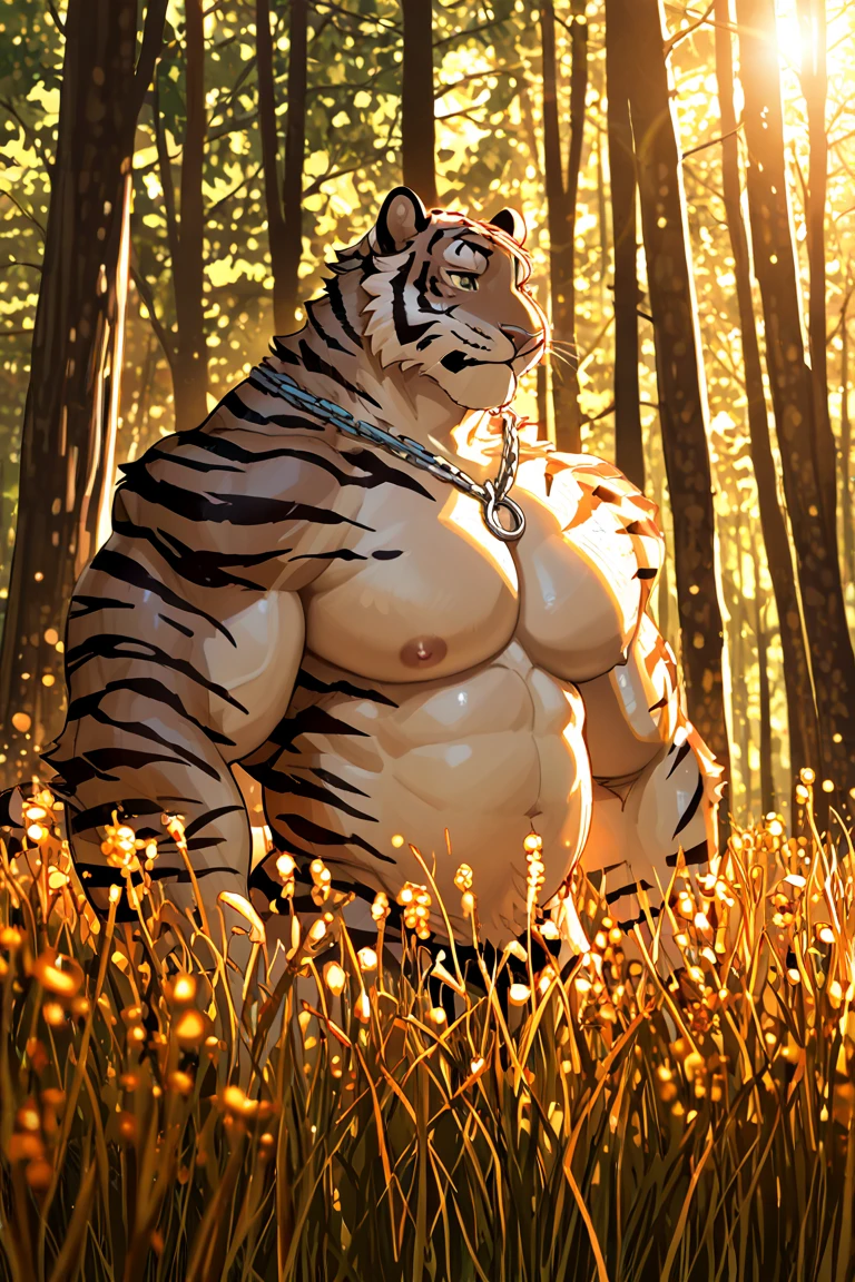 By Taran Fiddler, painterly backhround, Bara, One man, furry, alone, orange tiger, mature male, dilf, older male, muscular, mustache, handsome face, ???????? facial expression, ???????, pleasured face, orange and black fur, laying down, legs spread, ?????, ????, ????????????, ???????????, huge ????, veiny ????, good view of ????, outdoors, in forest, sitting against tree trunk, wooded forest background, in the dark