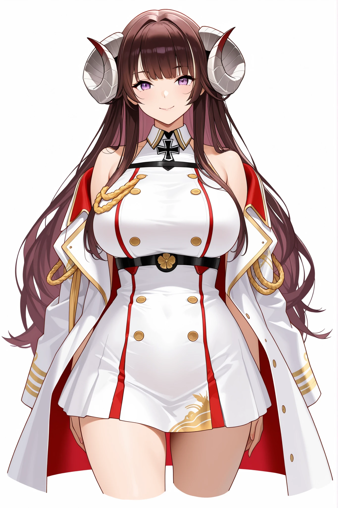 Masterpiece, cropped legs, large breasts, curled horn, looking at viewer, mature appearance, purple eyes, short brown hair with locks, solo, closed mouth, smile, arms at sides, red and white japanese imperial military uniform, sleeveless, white coat, suruga (azur lane), white background, Wuthering Wave style.
