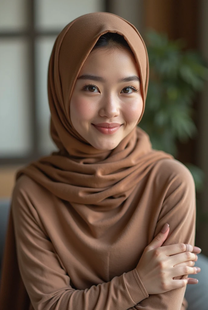 Maria Ozawa Hijab , portrait half body shoot 1:2 , holding face. One hand on table. Dominance smile. Perfect theeth.shoot by canon r6 Godox v1 Speedlite. Lace hijab. Wear minimalist flower hijab. Girl average 2. Samo matang skin. Simple make up. Perfect hijab. Cafe background.. pink lips, snube nose big. Beautiful eyesbrow, long lashes. Brown hazel eyes.. chubby face. Indonesia girl nose. Hidung pesek. small pimple lot on skin. Dry skin. Very cute