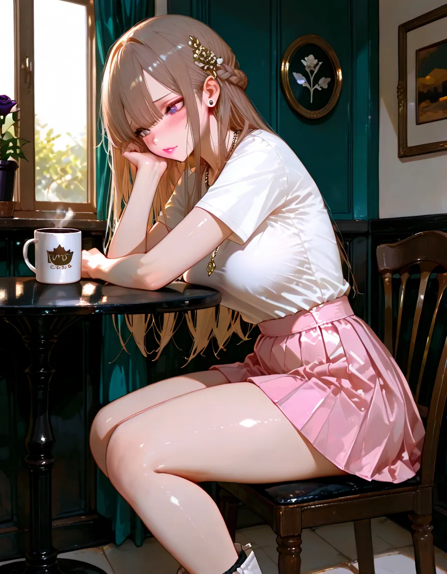 Highest quality、masterpiece、beautiful、Detailed、Age: 13、classroom、dynamic pose、sit astride、open legs、in heat、(covered erectile nipples:0.6)、Taking a bite of melting soft serve ice cream、(Cream on thighs:1.4)、cream on スカート、wearing スカート