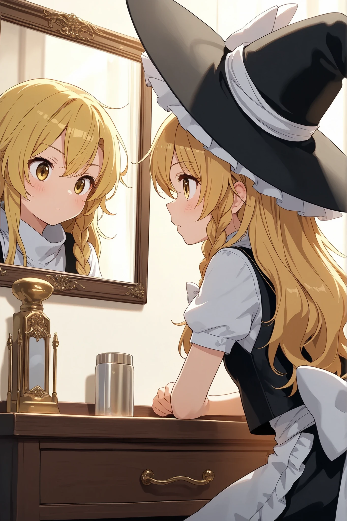 (Quality, 4k, A High Resolution, Masterpiece), Marisa Kirisame, blonde hair, long hair, side braid, golden eyes, watching a mirror with a distortion