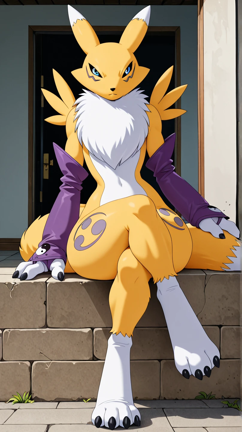 score_9,score_8_up,score_7_up, score_6_up, score_5_up, source_anime, renamon, female, standing, naked, sitting, low angle shot, foot focus, feet paws, 4 toes, black paw pads, looking away, majestic , sitting on a block, abstract background