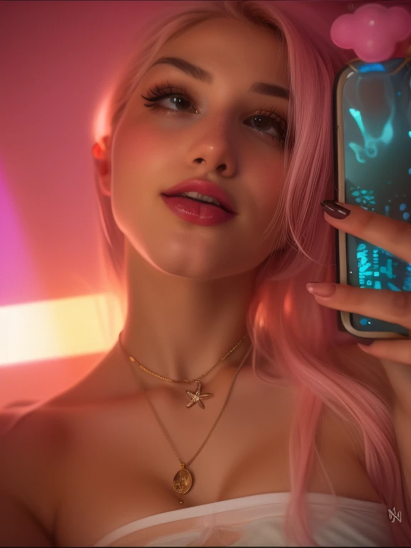 Cinematic image filmed from below of Harley Quinn with colorful hair and big breasts. She is wearing a leopard print lace bra with a pink bunny ear headband and is sitting with her legs wide open on the sofa at home, taking a photo of her panties with her cell phone and zooming in on the panties.