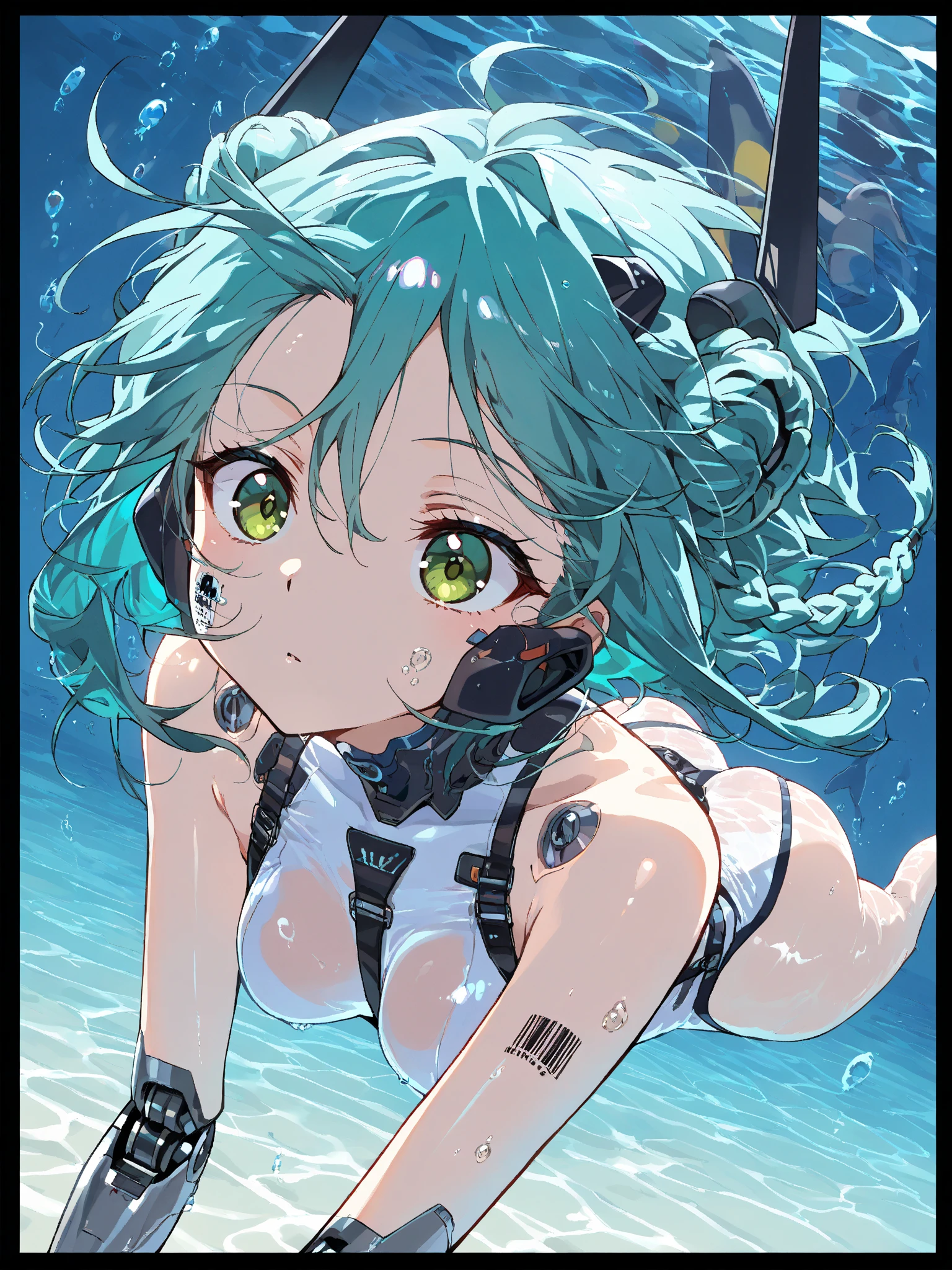 1girl,solo,(Summer pool party, lots of balloons, water splash),mouth pull,headphones,green eyes,green hair,cat ear headphones,navel,animal ear headphones,finger in own mouth,gloves,ahoge,animal ears,looking at viewer,breasts,fake animal ears,jacket,short hair,smile,choker,single glove,upper body,midriff,teeth,short sleeves,small breasts,