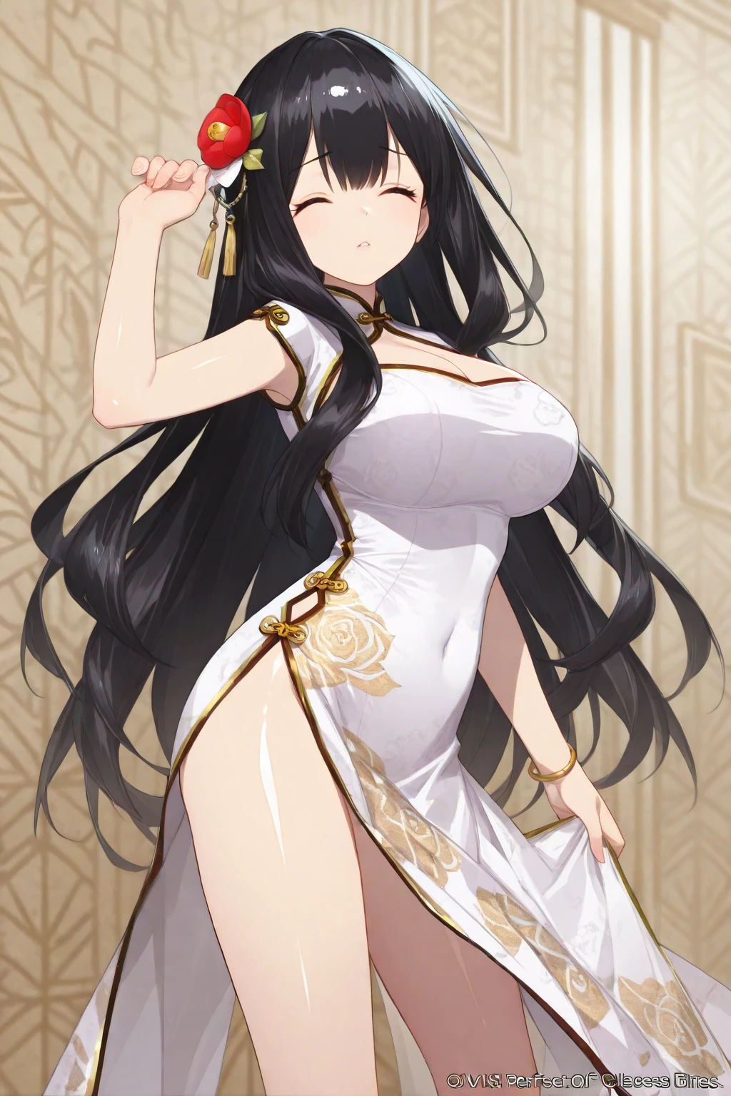 badashanren squishing Venezuelan female supermodel, long hair, pastel yellow gown, tight, undersized upper body portrait, large natural breasts, hyperrealism, highly detailed feminine bedroom background,sunlight , <lora:Moxin_10:0.6>