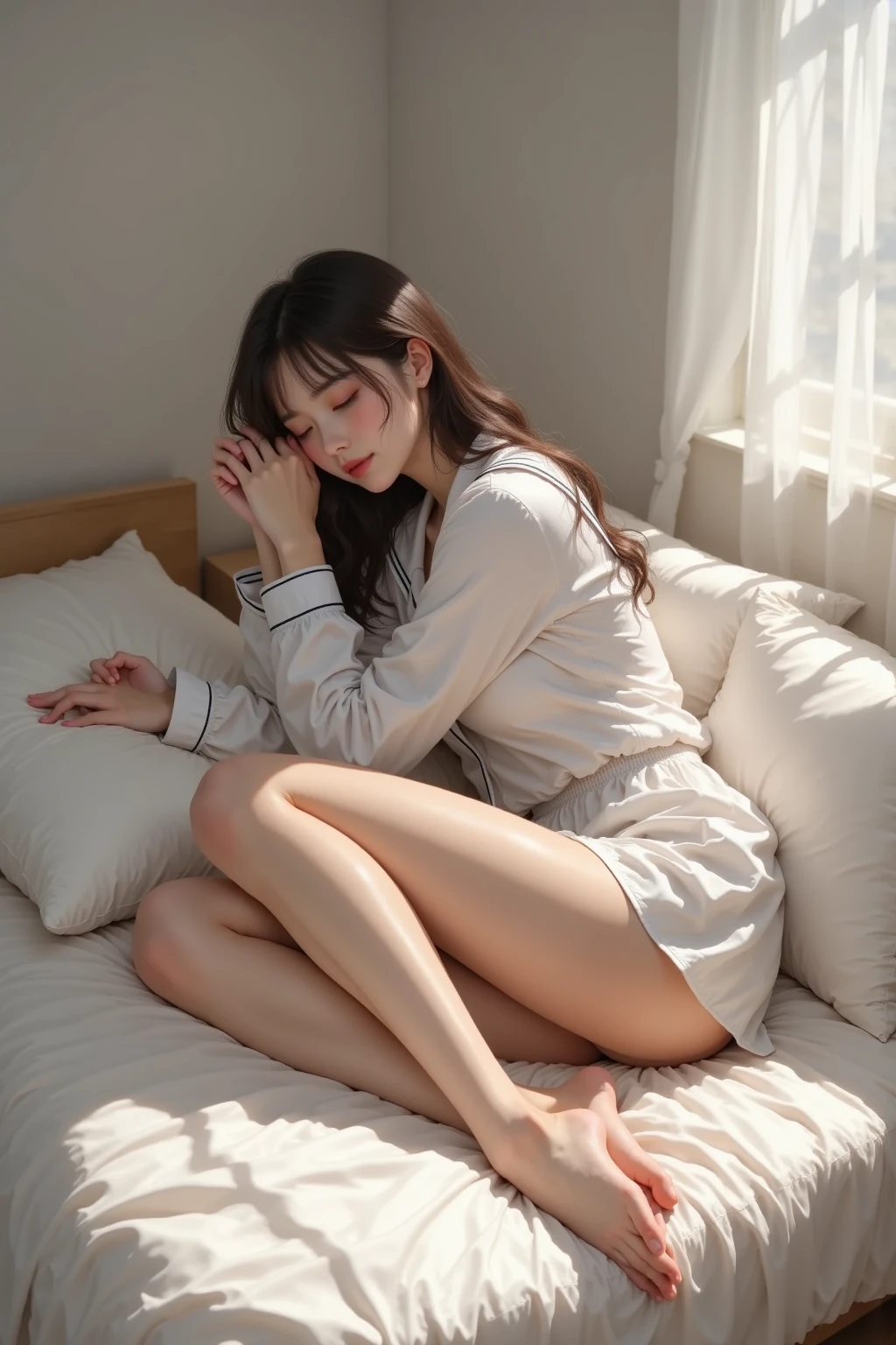 detailed face, cute face,brown eye, master piece , best quality , (girl) , japanese , (sleeping on one's side) , from front , blouse , skirt