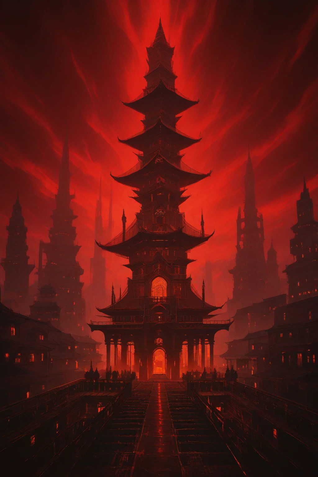 (A giant ancient city suspended in the air:1.5),the castle is suspended in space:Chinese cityscape with full moon, Movie dystopia、, Beautiful rendering of the Tang Dynasty, red sun over paradise, Epic red , Glowing castle in the distance, Cyberpunk ancient city, luminescent matte painting, asian sun, Big Red Sun, legend of korra setting, Fantastic futuristic city,(Flying Phoenix:0.8)，chinesedragon，Dutch Golden Age painting, Fuji colors, Sparkle, Blurry, fading border, round corners, partial underwater shot, Masterpiece, Award-Awarded, A high resolution, 1080p, 8K,in a red dream world, A beautiful artwork illustration, There is a red poster，There are pictures of pagodas and flowers
