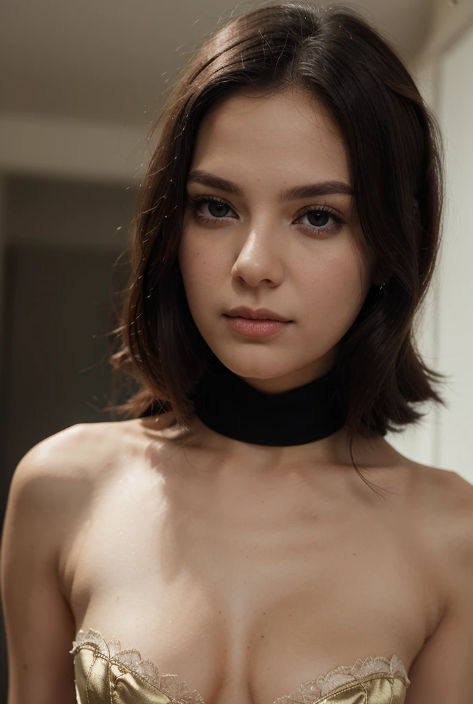 cute and sexy girl with short women's hairstyle with shaved temples, white stockings, white long glovess, black choker, small breast size, white pale skin, night