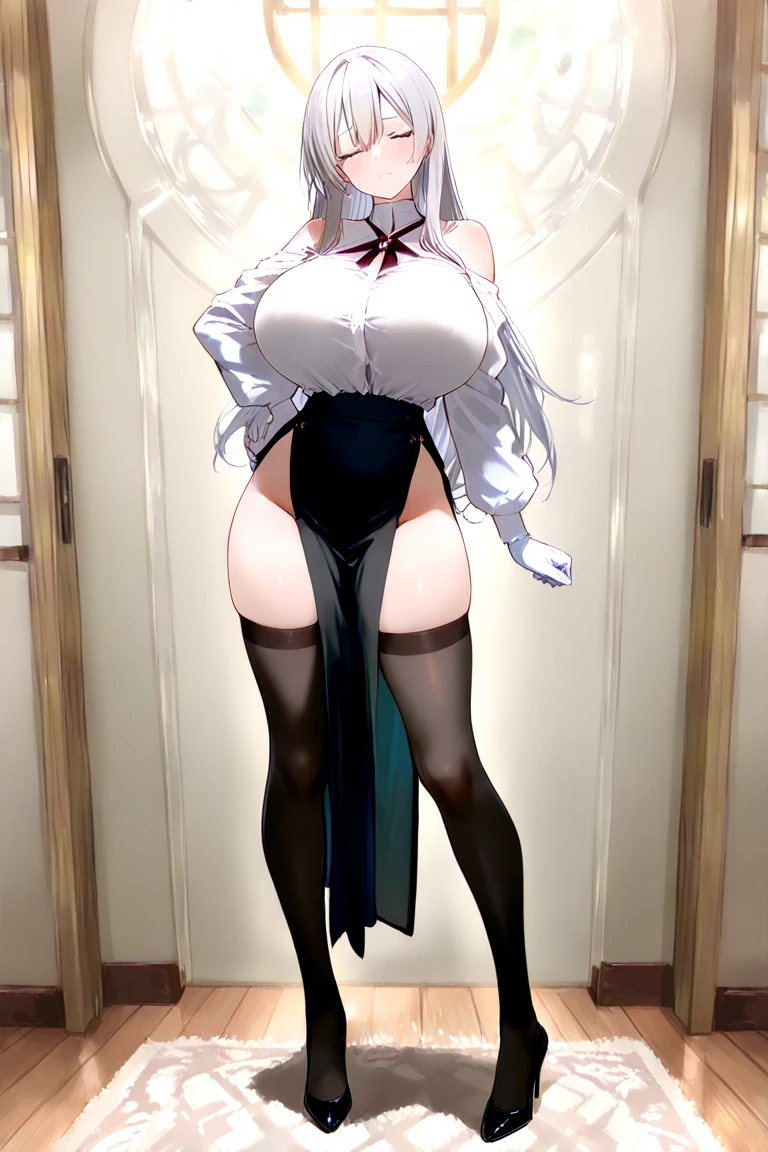 A girl with white hair, exaggerated curves, naked with only an extremely small and very transparent bra