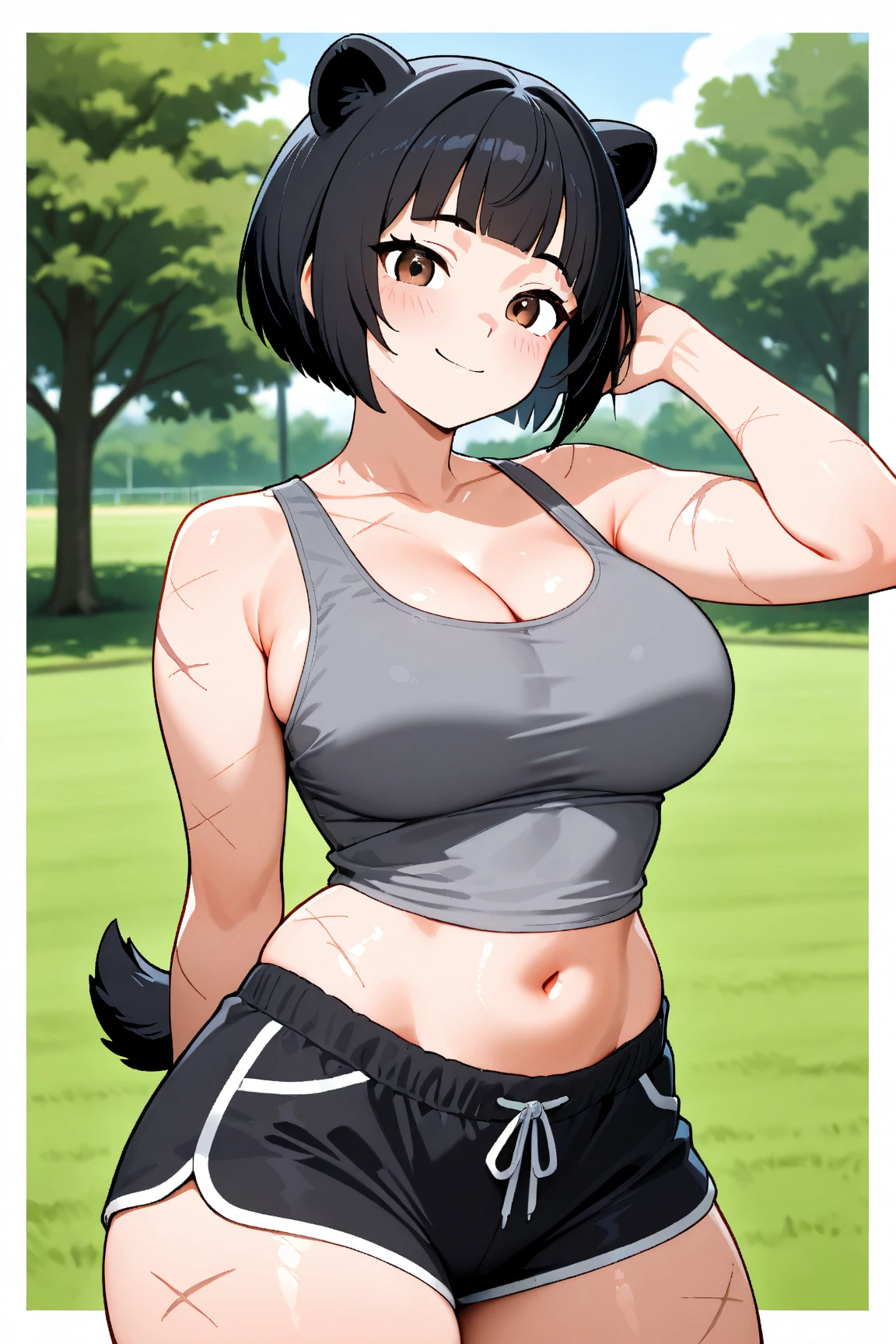1girl, tan skin, tan-skinned female, sports bra, sportswear, huge breasts, thick thighs, black sportswear, bare legs, smile, black hair, very short hair, green eyes, pixie cut, short pants, bandage