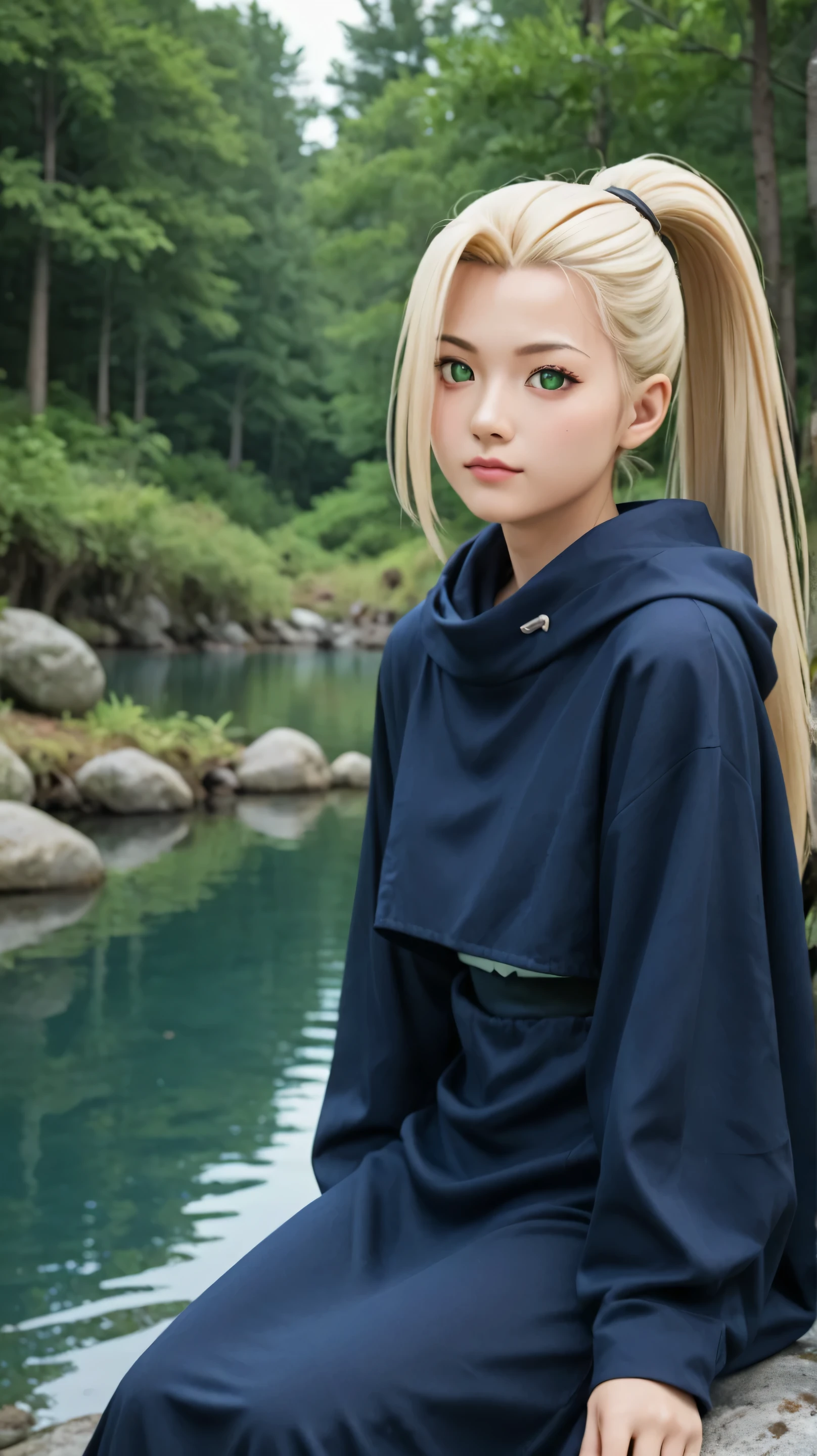 1girl, solo,yamanaka ino,emerald eyes,blonde hair,long hair,outdoors,potrait,forest,small breast,(lake background:1.4),sitting on stone,ponytail,wear cloak,front view