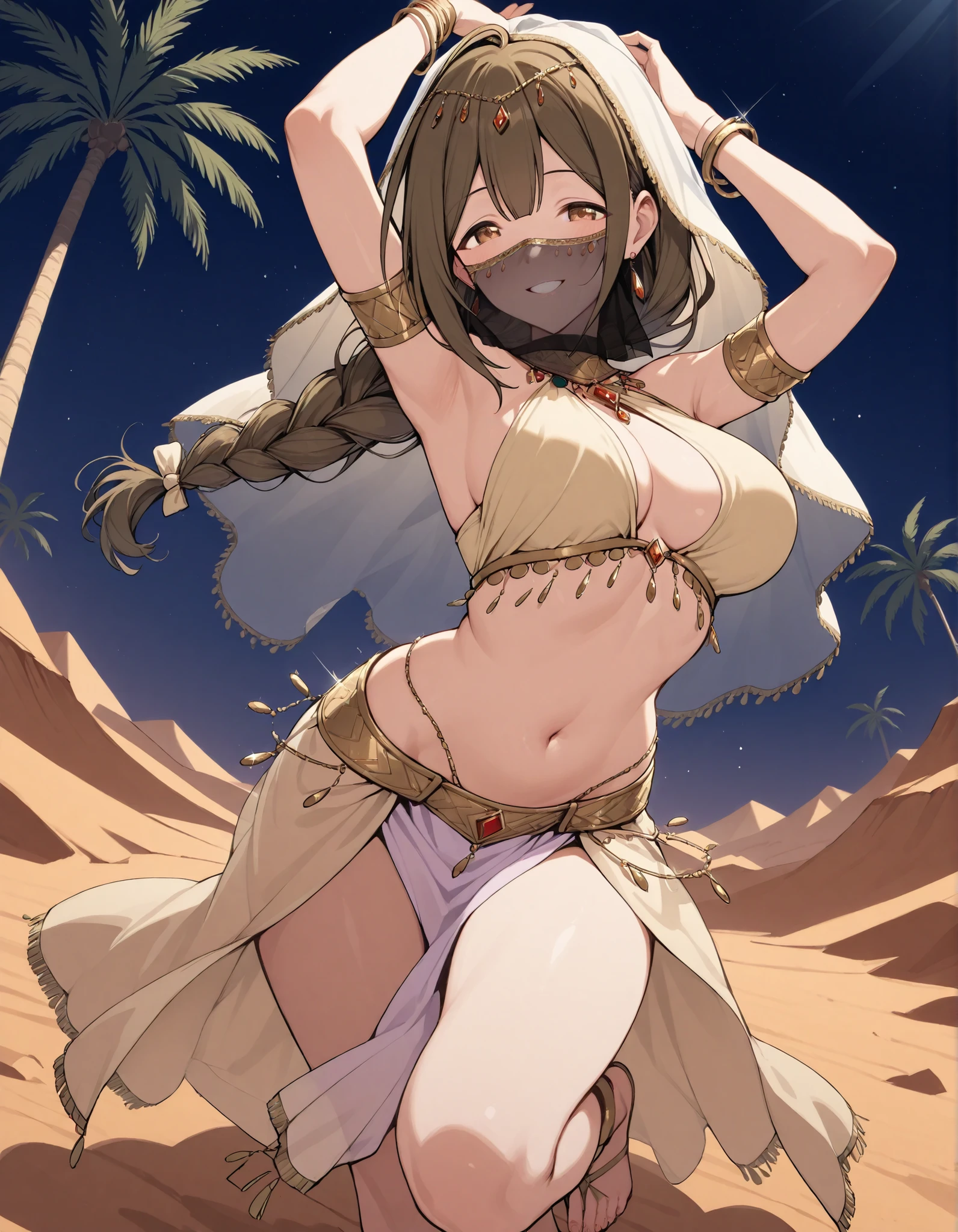 (kinako_(shiratama_mochi) style, eishin_flash_\umamusume\), ((topless)), horse ear, horse tail, nsfw, masterpiece, sarong, gold skirt, solo, 1 girl, erect nipples, nipples, navel, bare breasts, bare stomach, full body, indian hairddress, outdoors, palace, morocco, casa blanca, collarbones, slim waist, black hair, short hair, detailed eyes, beautiful eyes, blue eyes, necklace, gold bracelet, gold cutouts, jewelries, goddess, mouth veil, dancing, cowboy shot, party, blurred people on background, date palm trees, night, gold lights, moonlight, watching crowd, smiling, sweaty body, large nipples