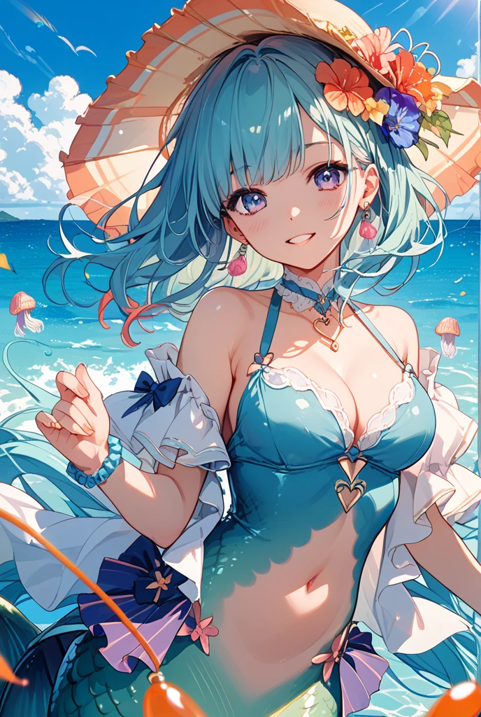 （masterpiece）、(highest quality)、((Super detailed))、(super delicate)、pastel colored hair、beautiful breasts、wet transparent bikini、Sea of night、fantastic starry sky