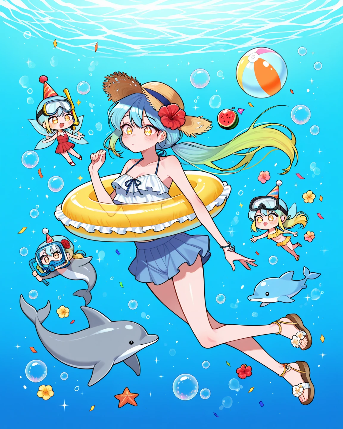 Hayao Miyazaki style, Kawaii Design, The most beautiful girl of all time、chibi, Bikini Swimwear, Beach, Cute Crab, Colorful Starfish, Beautiful shellfish,hot summer