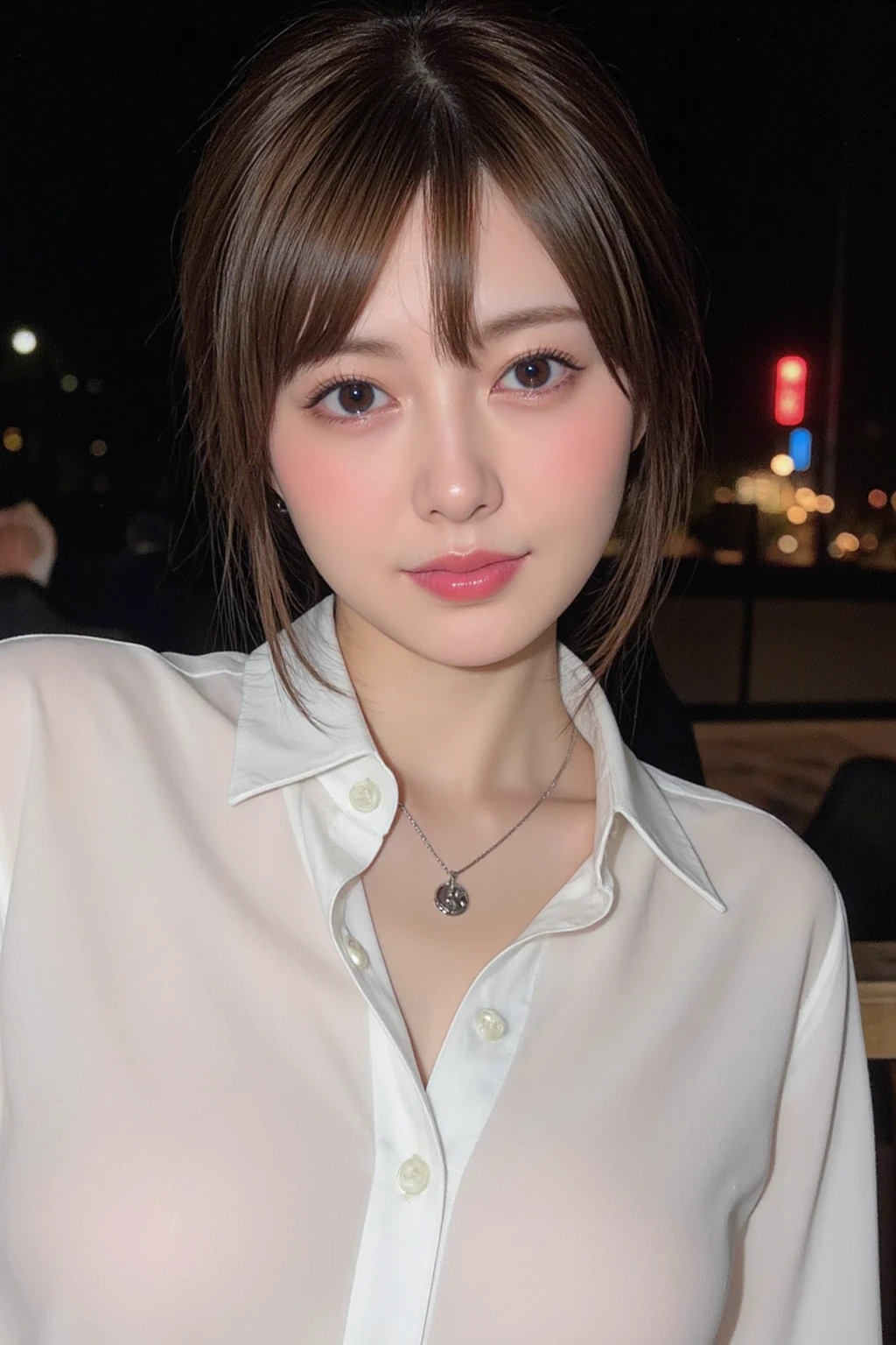 one girl, (a beauty girl, delicate girl:1.3), (16 years old:1.3), light smile,embarrassed,medium hair,dynamic pose, break,((,,,,,Small )),(black jacket),sitting,bench break, very fine eyes, (symmetrical eyes:1.3),(navel), break, (city), perfectly trimmed fingers, break, small breasts, brown eyes, parted bangs, brown hair, break, (eyes and faces with detailed:1.0), break, (masterpiece, best quality, ultra detailed, detailed face, 8k),