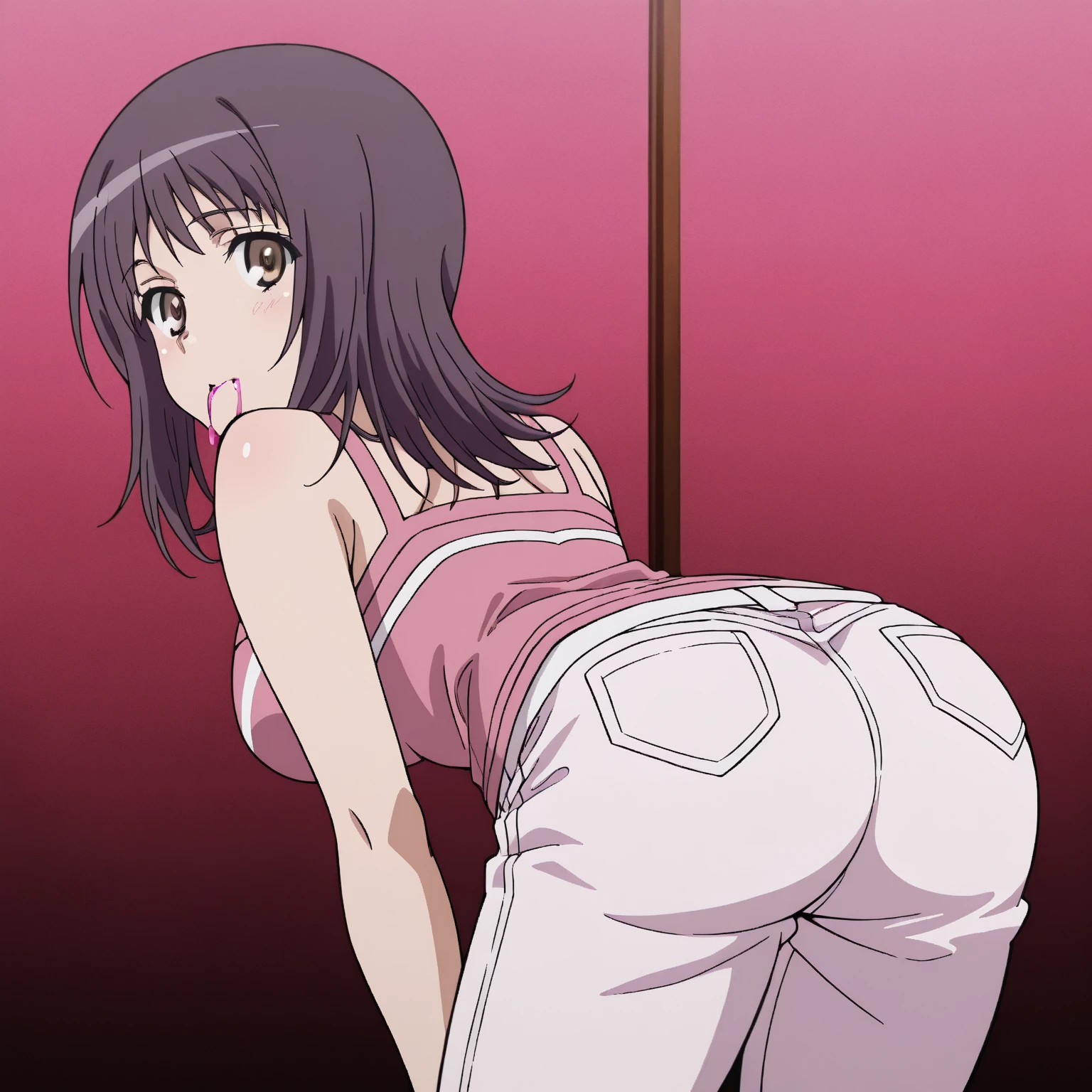 ((Katsuragi Castle_Misato)), (In underwear :1.3,bra:1.3、Panties:1.3)、take a photo in the apartment, Moderate_chest, Purple Hair,blush、 (analog quality:0.6), (Film Grain:0.8),Cute ass、可愛いPanties、On all fours、Backwards、look back