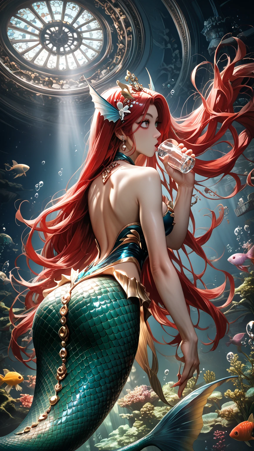 A mermaid with red hair, golden tail, golden top, yellow eyes , red lips,evil