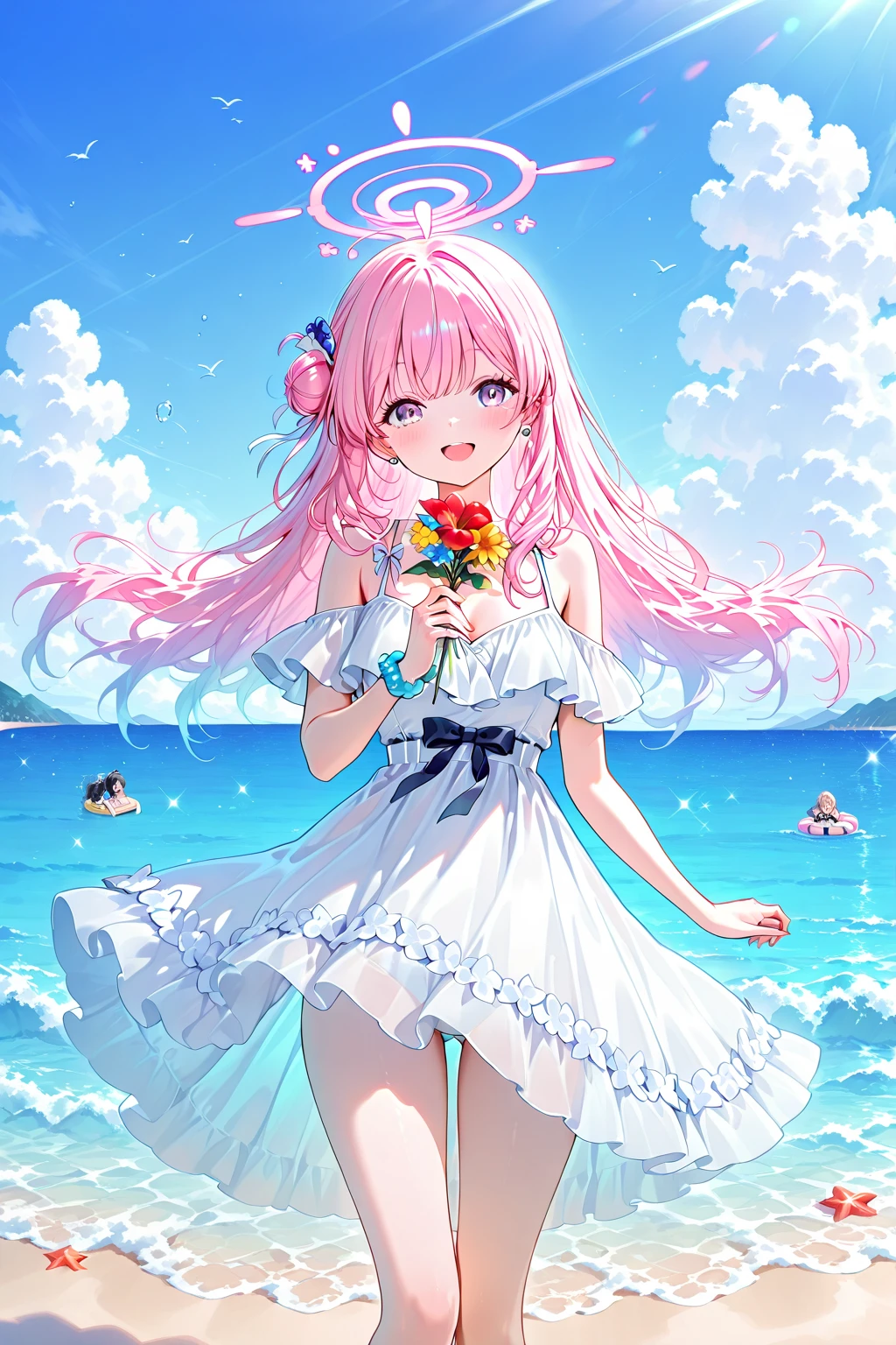 Beautiful and charming woman in fashion trend, whole body: 1.6, Holding flowers, Random Hairstyle, Sitting under a parasol, at the seaside, Random color tight suspender skirt, Wind blowing hair, Blue sky and white clouds, Exquisite and sexy clavicle, Cover the chest, Charming goose egg face, Double eyelids, Bright peach blossom eyes, pink lips, Small upturned nose, Bare shoulders, focused face, Close-up of face, Ultra HD, Super Detail, Ultra-thin translucent, Fresh, transparent, pink