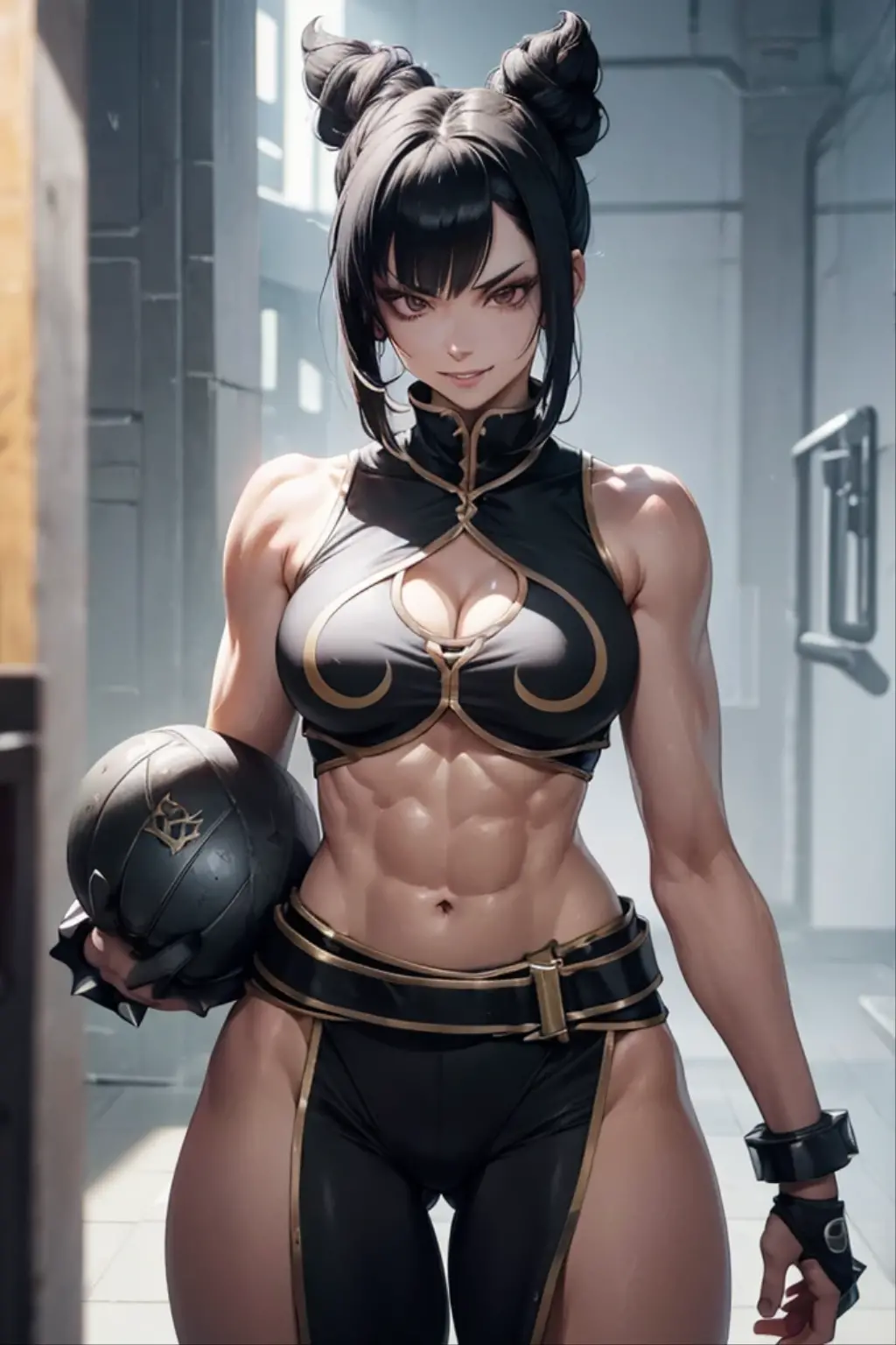 high quality, detailed, Realistic, (22 years old japanese black girl), (detailed brown eyes:1.2), (abs:1.5), (deep dark skin), (detailed areola), black bob hair, (black tiny thong), spread legs, leather crossed harness, leather collar, dungeon, (shame:1.5)