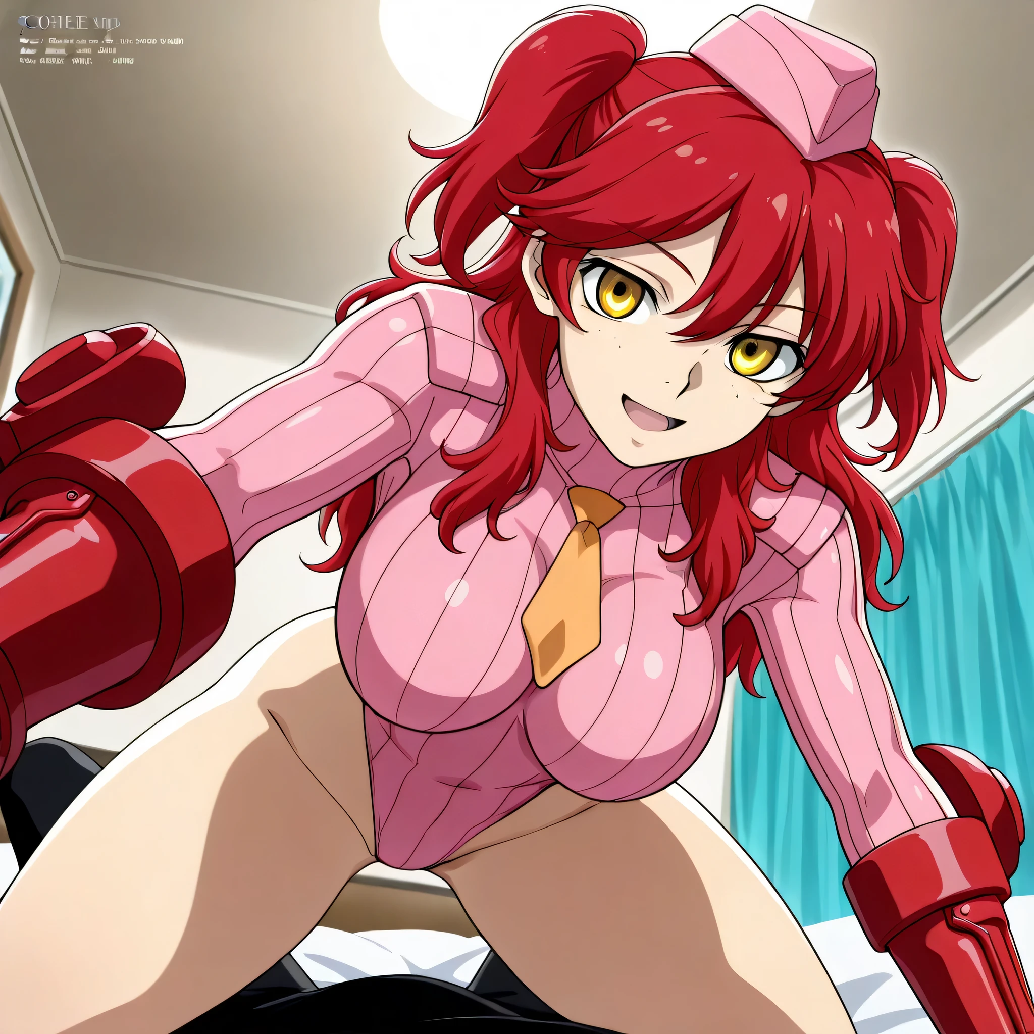 (((Masterpiece))), (((Best Quality))), ((Super Detail)), ultra-High resolution, score_9,score_8_up,score_7_up,score_6_up,score_5_up,score_4_up, BREAK, source_anime, anime screencap, uncensored, Masterpiece, (best shadow), (absurdres), (detailed background), (very aesthetic), shiny, detailed beautiful eyes, outstanding, countershading, detailed soft lighting, an exquisite animation illustration, curvy, shadaloo dolls, red gloves, hat, fingerless gloves, gauntlet, red gauntlet, leotard, cosplay, highleg, highleg leotard, garrison cap, dark persona, ribbed leotard, yellow necktie, (((solo, 1girl))), hair ornament, seductive pose, submissive pose, anime style, anime coloring, animification, megami magazine, sexy pose, large breast, Nena Trinity, red hair, long_hair, twin tails, yellow_eyes, two side up, yellow eyes, freckles, looking from below, from below, view from below, bedroom, bed, seductive smile, girl on top, straddling, assertive female, leaning forward, leaning over, messy room, breast press, breast press on viewer, open mouth, smile, happy