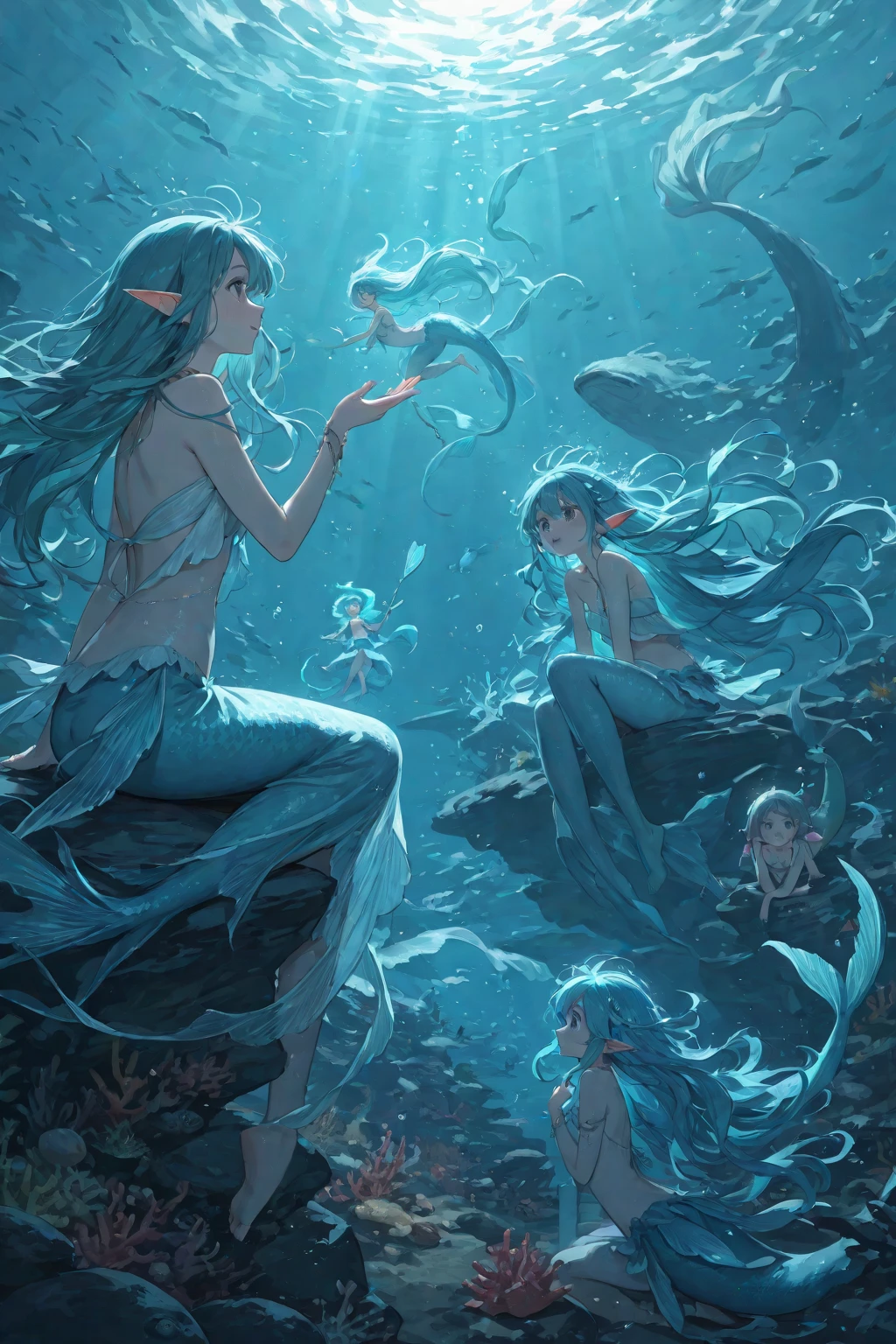 "Underwater scene: trash scattered on the seabed, featuring 3 majestic mermaids, surrounded by colorful fishes and curious crabs."