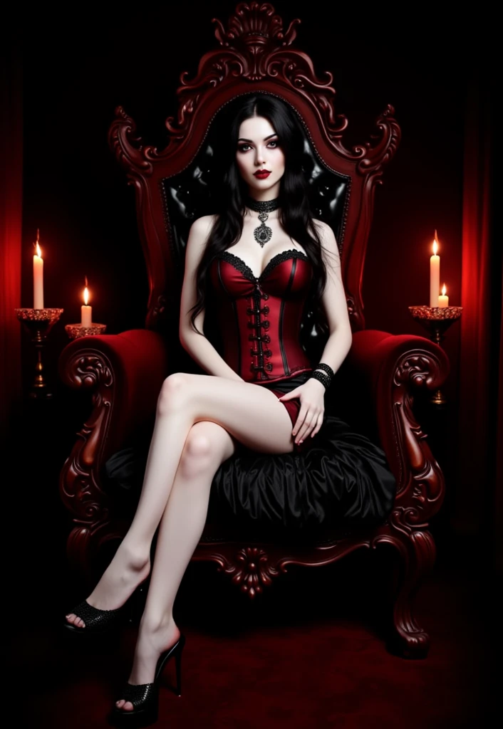 a picture of a vampire queen sitting on her dark throne, a (vampire queen: 1.1) wearing dark red dress, royal dress, dynamic hair, bold intense eyes, extremely exquisite beautiful queen, perfect body, (anatomically corect: 1.3), ultra feminine, ultra detailed face, red lips, red glowing eyes, she sits on a dark frightful, a throne of fear, and might, throne carved from black marble , legendary symmetric design, with (many carvings in the marble: 1.3), skulls on the handles, decorated with rubies, and opal gems, dark fantasy hall room background, (masterpiece: 1.4) intense details, highly detailed, photorealistic, best quality, highres,16k, [ultra detailed], masterpiece, best quality, (extremely detailed), close up, ultra wide shot, photorealistic, RAW, fantasy art, dnd art, fantasy art, realistic art,((best quality)), ((masterpiece)), (detailed: 1.5), ladyshadow, RagingNebula