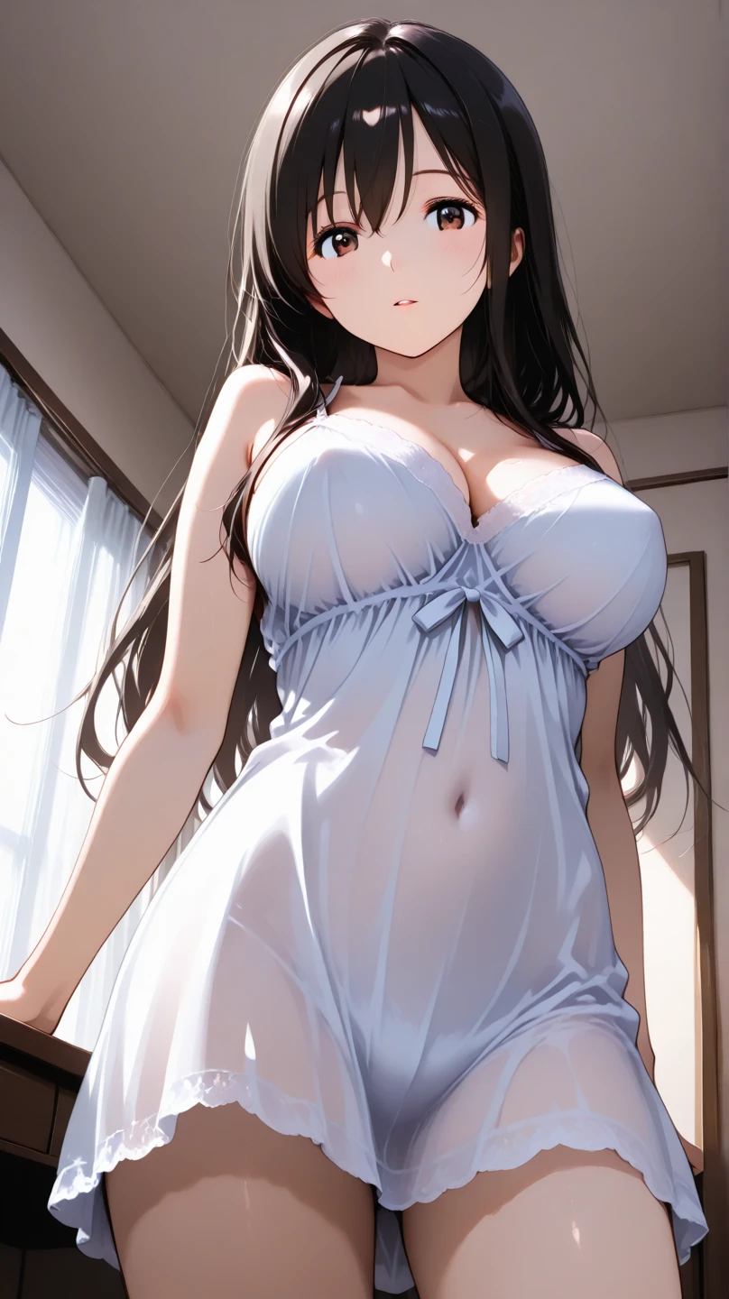 Amazing Chitanda, There is only one beautiful girl，Purple Eyes, Black Hair, Very red face，Very white skin，Glowing skin，Skin as delicate as porcelain，Naturally straight hair, Straight bangs，Extremely refined，Open lips，Long flowing hair，Beautiful Girl, Like a dream，Slim，Slim waist，Soft, (Sensual), (Kawaii), Dream quality，Beautiful big breasts，Areola，Completely naked，Wearing a transparent wedding dress，Flower decoration，Deep V neckline，Loose neckline，Wide neckline，in the locker room，window，Full-length lens，Raise your hands，Show armpit，armpit，Light transmission，no pants，pussy juice，Bare shoulders，Bare neck，Exposed collarbone，Exposing breasts，Exposing breasts side，Show your waist，Show your buttocks，Show your thighs，Exposing the groin，No pants，extremely shy，Ultra-high resolution, (masterpiece:1.2, best quality), (Delicate and beautiful eyes: 1.2), (Beautiful and delicate face)
