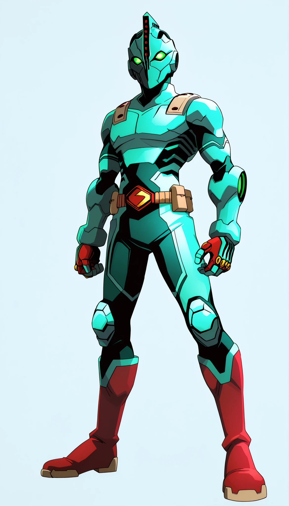 ((Highest Quality)), ((Simple Light Grey Background)), ((My Hero Academia Style)), standing, 1boy, Young male, solo, Slim body, slender body, (Superhero), standing, Superhero bodysuit, (Tactical Surface fighter), (Without Pupils), Full Body, Pale green Biomechanic armor bodysuit, pale green Armor bodysuit, Biomechanic armor bodysuit, fullbody armor bodysuit, Biomechanical red knee boots, red knee boots, biomechanical red boots, Red Biomechanical Elbow Gauntlets, Red Elbow Gauntlets, Biomechanical Elbow Gauntlets, Biomechanical red knee pads, red knee pads, biomechanical knee pads, biomechanical red elbow pads, red elbow pads, biomechanical elbow pads, No belt, no belt, tight bodysuit, tight biomechanic armor bodysuit, tight armor bodysuit, Pale green biomechanical Guyver 1 Helmet Headwear design, Pale Green Guyver 1 helmet Headwear design, biomechanical Guyver 1 Helmet headwear design, Guyver 1 helmet Headwear design, (hidden eyes), (Hidden Mouth), (Hidden Face), (Hidden hair), ((Neon Green lenses)), (Wide Lenses), ((Neon Green armor details)), Pale Green chest plate, pale green small shoulder pads,