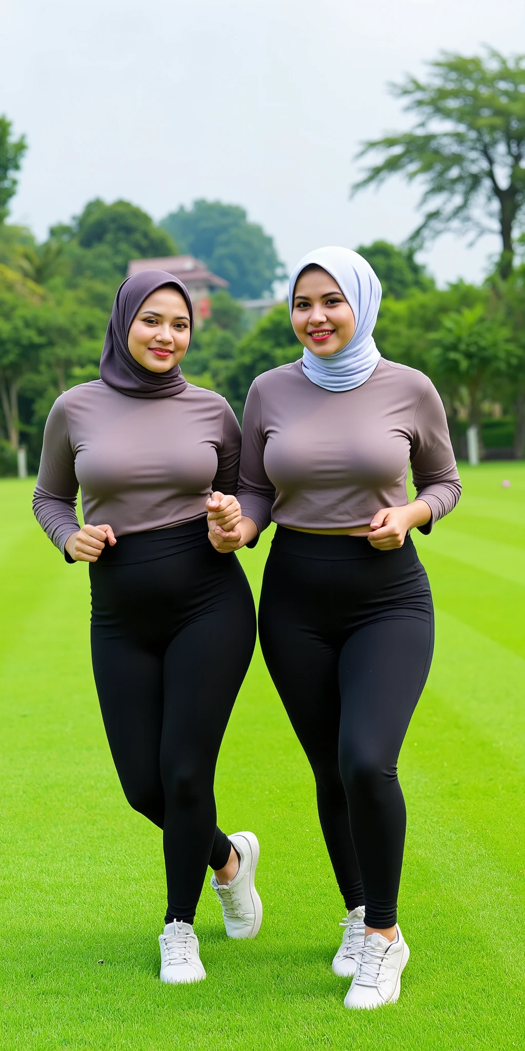 RAW, Best quality, high resolution, Masterpiece: 1.3), Beautiful malay woman in rugby outfit wearing shawl style hijab, non naked, wearing jersey outfit, ((2 females, groping each others breasts, breasts groping)), flawless face, cute face, pretty malay face, beautiful white teeth, Masterpiece, Perfect plump body, full body, sexy rugby outfit, tight breasts, short hair, ((wearing black shawl style hijab, wide and long hijab)), covered in cum, soaked in semen, beautiful big eyes, watery eyes, Soft smile, breezy, skin details, skin texture details, wide hips, thick thighs, sexy plump body, morning time, happy, bright sunshine, at football field, blurred background, bokeh, ((white, black and grey outfit, wearing baggy rugby jersey shirt short sleeves, wearing black handsocks, wearing tight shorts, wearing black long socks, wearing sweater)), ((standing, sexy legs)), ((hands above breasts)), ((wearing long black gloves))