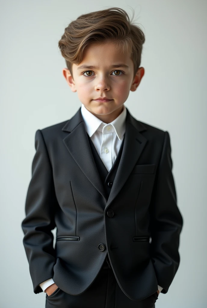 A thin child about eight years old, confident, sunny in a suit, close-up on the front, contrast