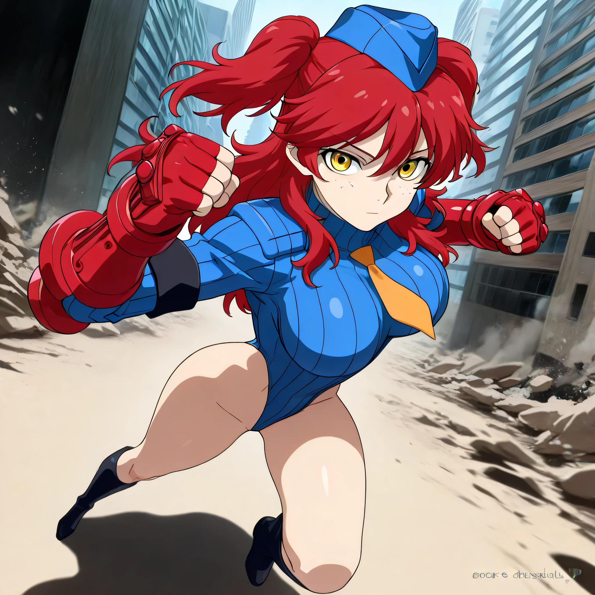 (((Masterpiece))), (((Best Quality))), ((Super Detail)), ultra-High resolution, score_9,score_8_up,score_7_up,score_6_up,score_5_up,score_4_up, BREAK, source_anime, anime screencap, uncensored, Masterpiece, (best shadow), (absurdres), (detailed background), (very aesthetic), shiny, detailed beautiful eyes, outstanding, countershading, detailed soft lighting, an exquisite animation illustration, curvy, shadaloo dolls, red gloves, hat, fingerless gloves, gauntlet, red gauntlet, leotard, cosplay, highleg, highleg leotard, garrison cap, dark persona, ribbed leotard, yellow necktie, (((solo, 1girl))), hair ornament, seductive pose, submissive pose, anime style, anime coloring, animification, megami magazine, sexy pose, large breast, Nena Trinity, red hair, long_hair, twin tails, yellow_eyes, two side up, yellow eyes, freckles, expressionless, emotionless, fighting, fighting stance, dynamic pose, action pose, dynamic angle, cinematic angle, dutch angle, standing, full body, pepe punch, looking at viewer, clenched fist, fist, punching, incoming punch, incoming attack, speed line, motion line, foreshortening, attack, outdoor, apocalyptic, ruin, in building, dark theme