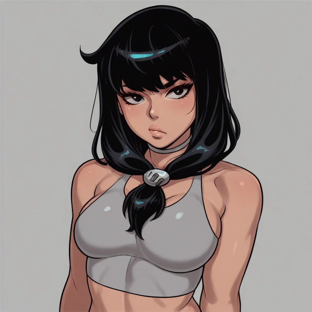 ((no background)) One Dark skin young woman with headphones  with long jet black hair and clearly detailed big brown eyes, ebony nose, wearing a purple top and denim shorts, high quality, 2D, UHD,