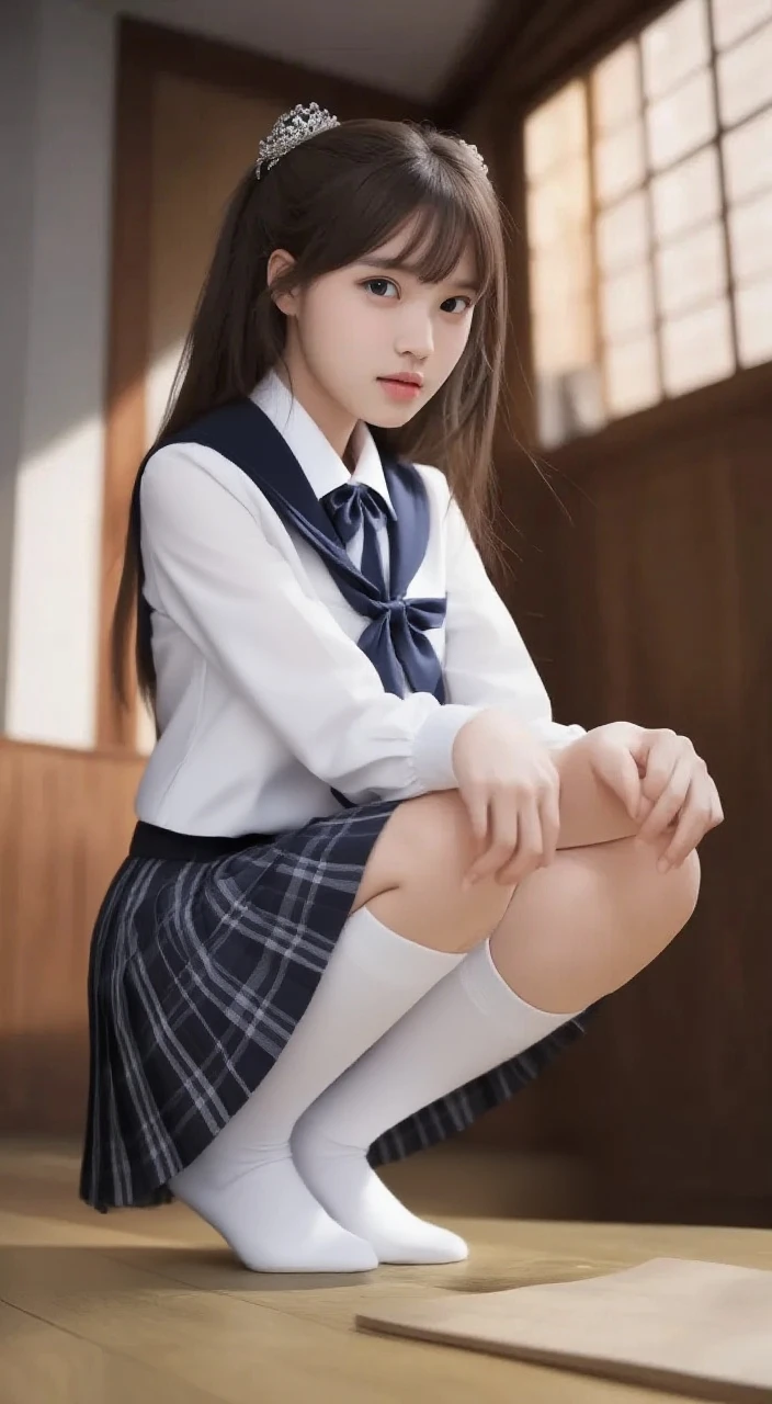 20 year old woman, (high top faded: 1.3), (low(low)), (soft focus), HD, masterpiece, HD, HD, 4K, 超HD, Very realistic shadows, Surrealism, 戏剧性的lamp光, a girl, alone, Detailed face, lifelike眼睛, lifelike皮肤, dynamic hair, dynamic poses, dynamic angle, (White shirt), (dark blue bow tie) , (((Dark blue long skirt)))), ((white hem socks))), library background, (original photo: 1.2), (lifelike: 1.4), beautiful and delicate woman, Extremely detailed eyes and face, beautiful and delicate eyes, Larger file size, 一个Very detailed的, high resolution, Very detailed, best quality, (bright interior), (soft light), (low对比度), ( see deeply), (Portrait of a beautiful woman illuminated by soft light), (Very delicate and elegant depiction), (short bangs), (Head color dark chestnut,Slightly brownish), (Subtle and silky waves), (long hair两侧错综复杂地编织小辫子), ((white hem socks))), illustration, Very detailed, BAPV, unity, 8k wallpaper, amazing, Exquisite details, best quality, Highly detailed integrated 8K wallpapers so far this year, Coordinating Minister, lamp, 1 girl, 25 years old, (((No)), (camel toe), (half), (Sit on bent knees and legs)), long hair, dark theme, soothing tone, pastel colors, high contrast, (natural skin texture, Surrealism, soft light, No耐烦), Capturing the serene beauty of a young woman immersed in the peaceful atmosphere of a library.. Soft diffused light gently illuminates her features., It emphasizes her sophisticated look and creates a calm atmosphere. Library shelves filled with books,Provide background on knowledge and wisdom. It focuses on capturing models'Natural charm and elegance, Stay calm and consider the nature of the moment. Cute 21 year old Japanese gravure model,Soft body, gray brown wavy hair, Decorate with ribbon, charming appearance. She wears a frilly white blouse, Blue ruffled skirt and white ruffled socks. sitting on bed, She hugged her knees,Staring at the camera, Exudes melancholy charm. Create scenes where beauty and ephemerality intertwine, national foundation