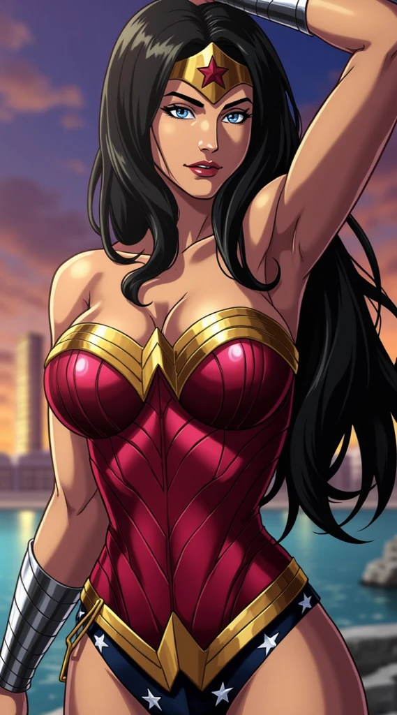 ( Masterpiece, 4k resolution, ultrarealistic, Very detailed) beautiful and sexy donna troy ,Beautiful detailed eyes,beautiful detailed lips,extremely detailed face,long eyelashes, sexy,soft lighting,subtle background,professional photography,vivid colors whole body ,  by a fan, Flushed face () whole body (seductive) (ready for ) (biting liplue eyes) (Diana Troy) (Red suit) (Wonder Girl) 
 (DC comics) portrait photography by artgerm, in the style of realism, glowing skin, , natural lighting, Defined full lips. feminine body whole body