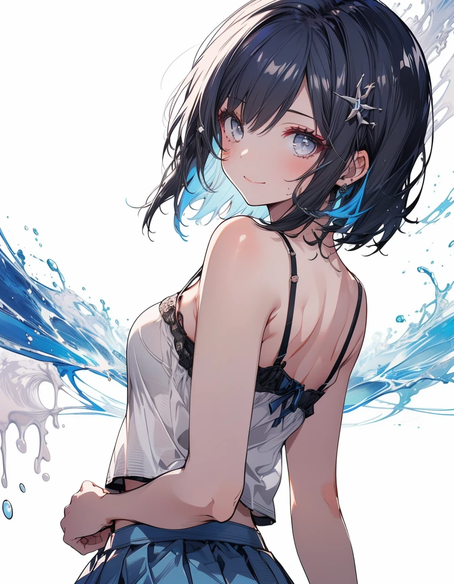 "(perfect masterpiece:1.2), (highest quality:1.2), stunning face,  compensate, long and luxurious eyelashes, lip whole, irresistible charisma.",belly button,(((boy))),(((very short hair))),腹logic,raised his arms,NSFW,(((logic)))，((((bikini with ruffles)))，hair clip，wallpaper，black hair，small breasts，pixie cut，very long bangs，hair between eyes